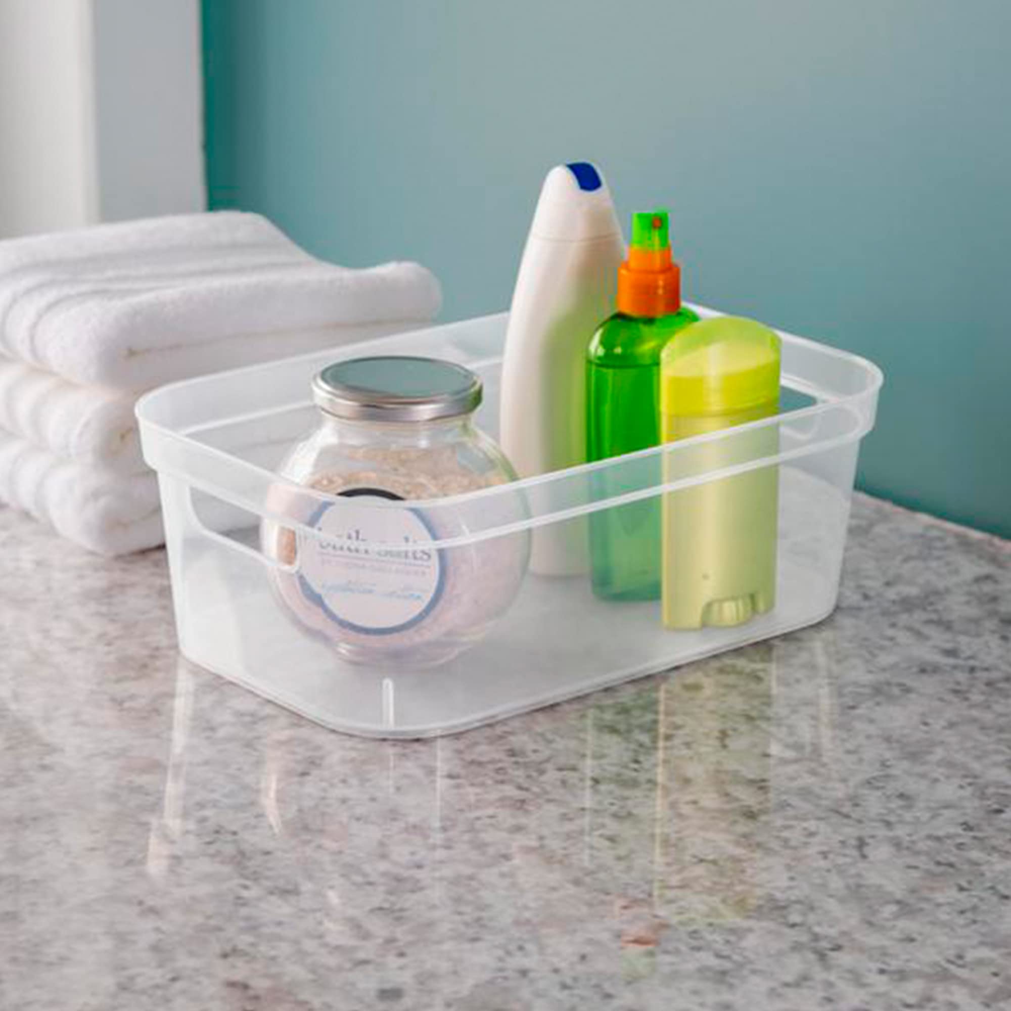 Sterilite 4.25 x 8 x 12.25 Inch Small Modern Storage Bin with Comfortable Carry Through Handles and Banded Rim for Household Organization  Clear