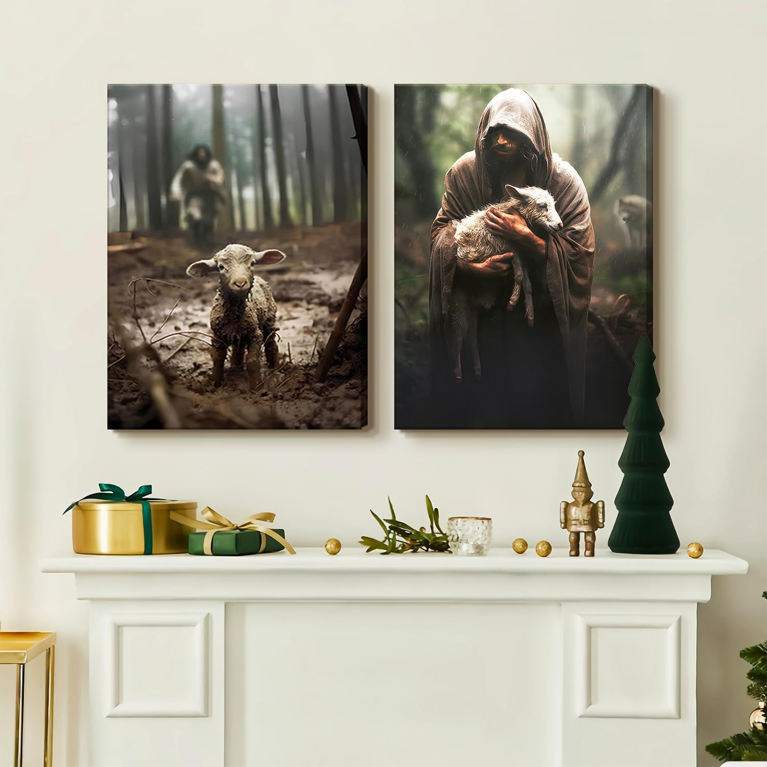 2Pcs Framed Jesus And Lamb Canvas Wall Art Jesus Save Lost Lamb Posters Prints Vintage Christian Pictures Wall Decor For Bedroom
