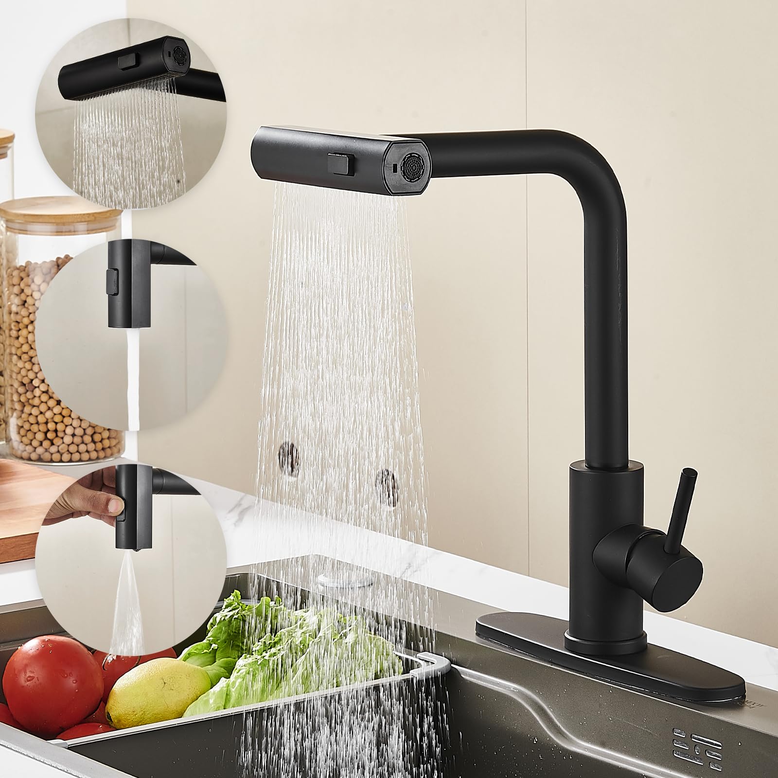 Avsiile Kitchen Faucet With Pull Down Sprayer, Black Waterfall Touch Single Hole Stainless Steel Kitchen Sink Faucets, Commercia