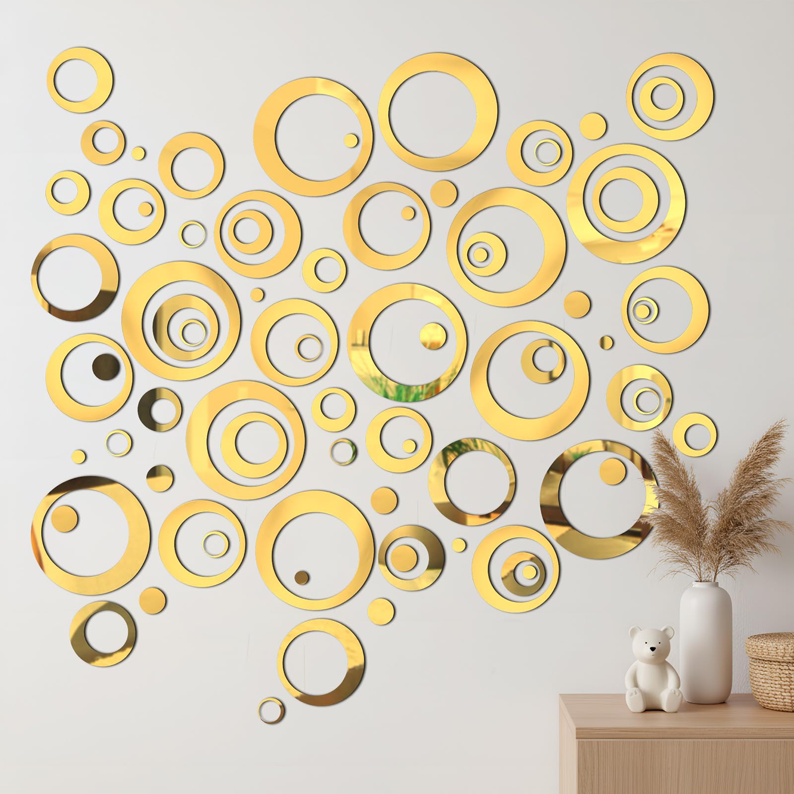 Shappy 96 Pcs Circle Mirror DIY Wall Sticker Removable Wall Decor Decoration Mirror Decals for Living Room Bedroom, 1.5-13.5 cm 