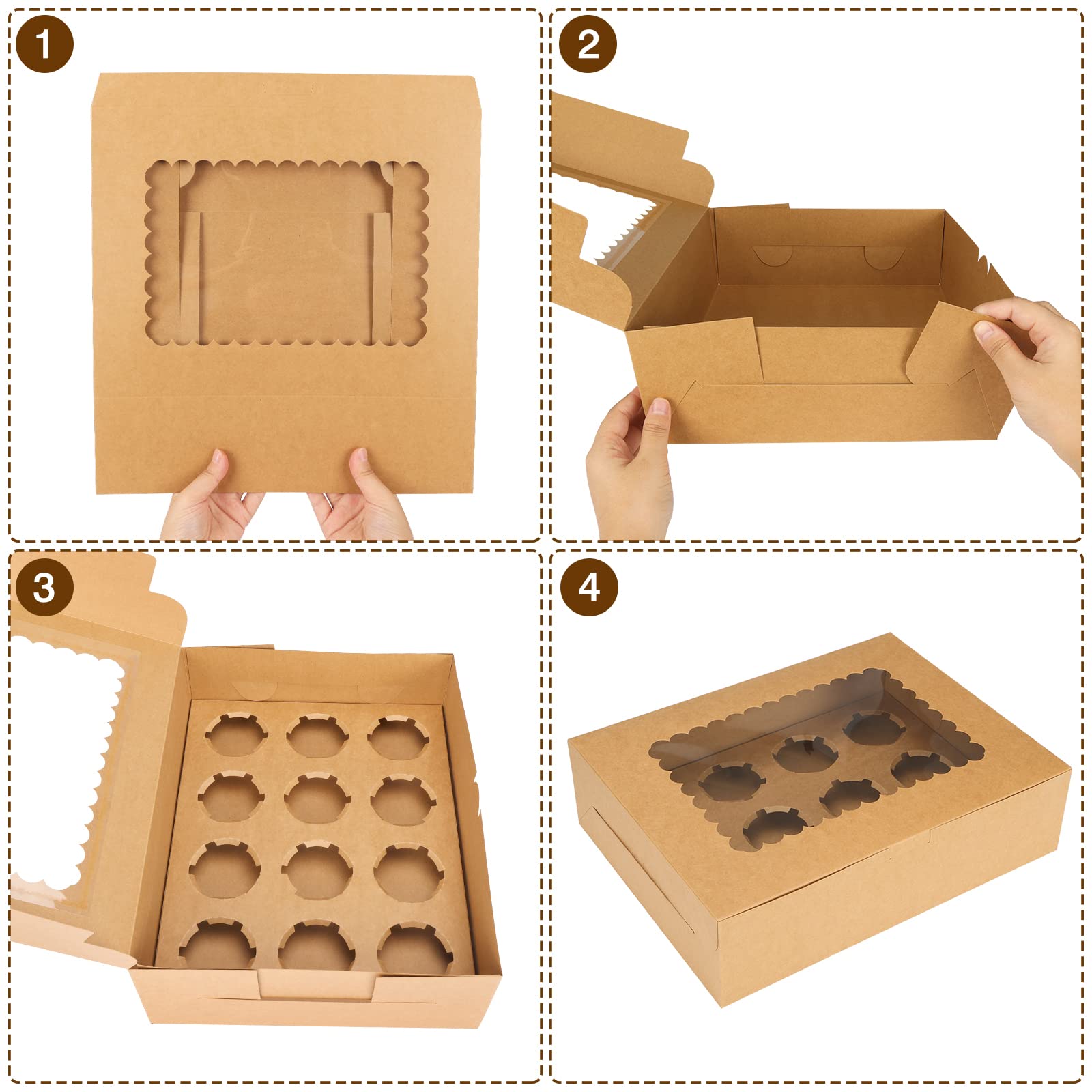 Moretoes Cupcake Boxes - 34 Pcs Brown Kraft Bakery Carrier with Windows for Cupcakes, Muffins & Pastries, Model Moretoes2022062402
