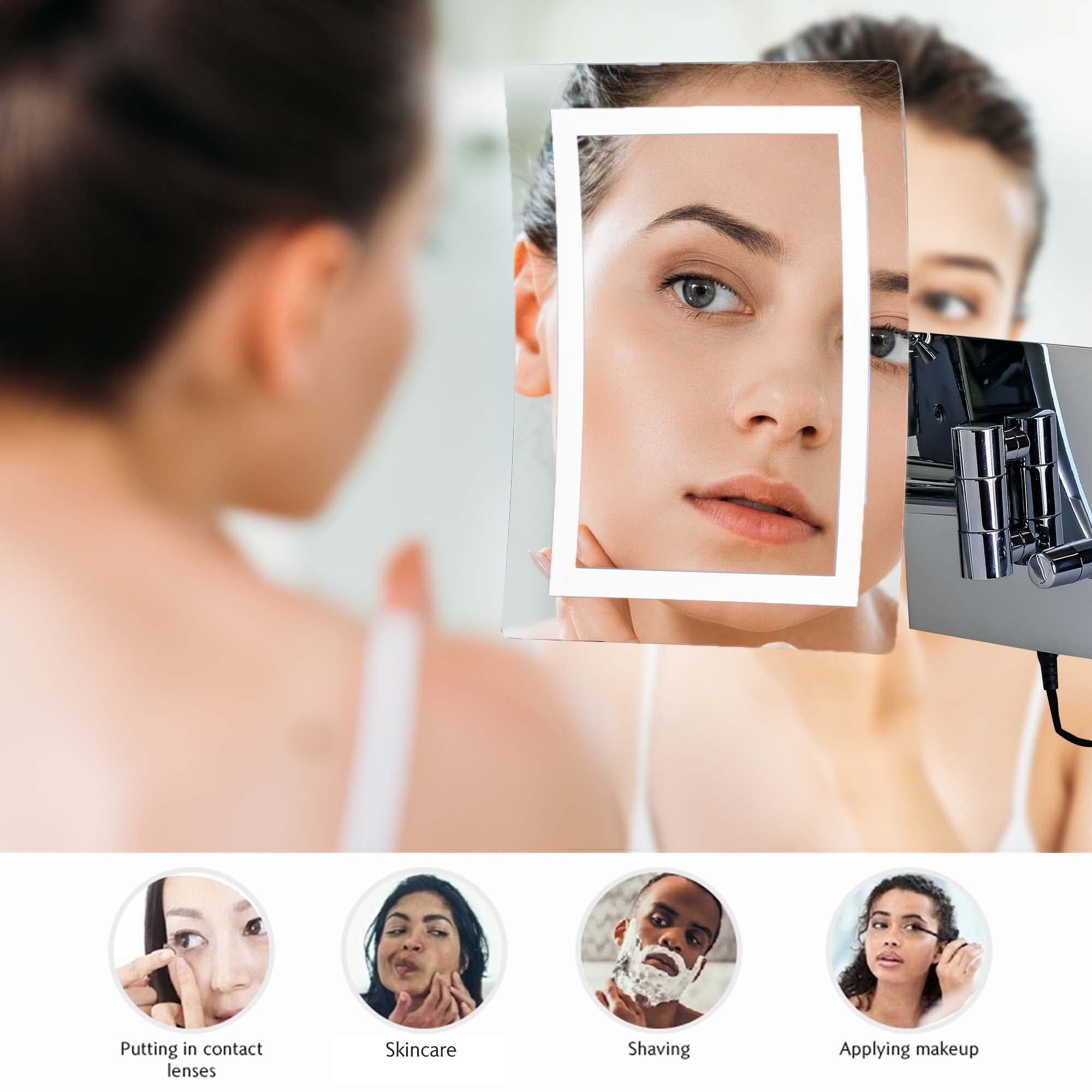 Ovente 7'' Lighted Wall Mount Makeup Mirror, 7X Magnifier, Square White Led W/Dimmer Switch, One Sided Adjustable, Extend & Fold