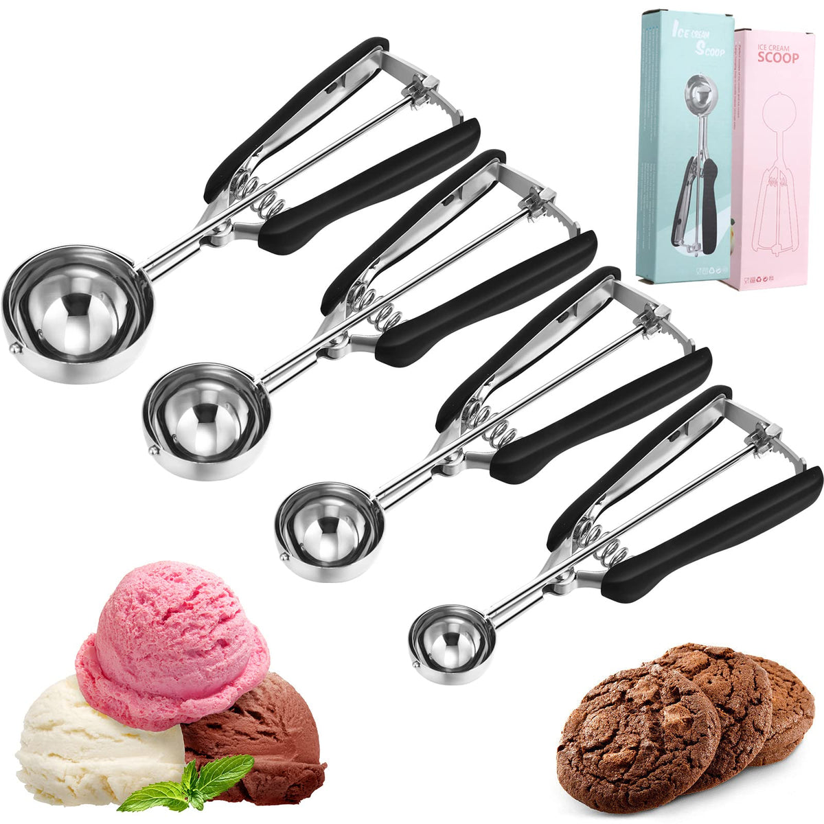 4 Pcs Cookie Scoop Set Include 1 Tbsp 2 Tbsp 3 Tbsp 4 Tbsp Ice Cream Scooper Stainless Steel Cookie Scooper With Trigger Release