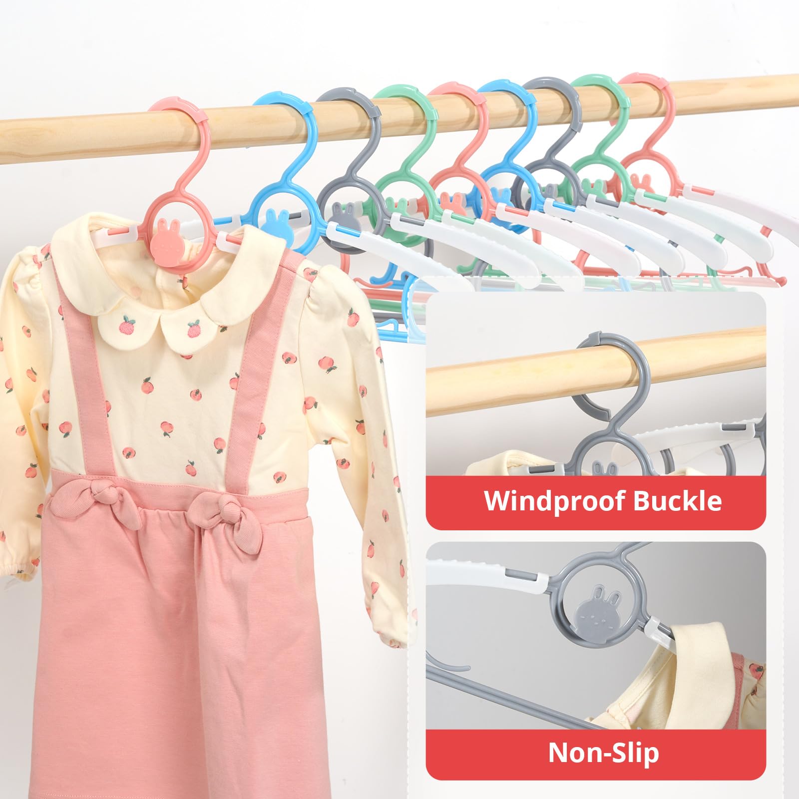 Piglog 80 Pack Baby Closet Hangers Kids Clothes Hangers Adjustable (Mix Colors) With Windproof Buckles, Extendable 11''-14'' Bab