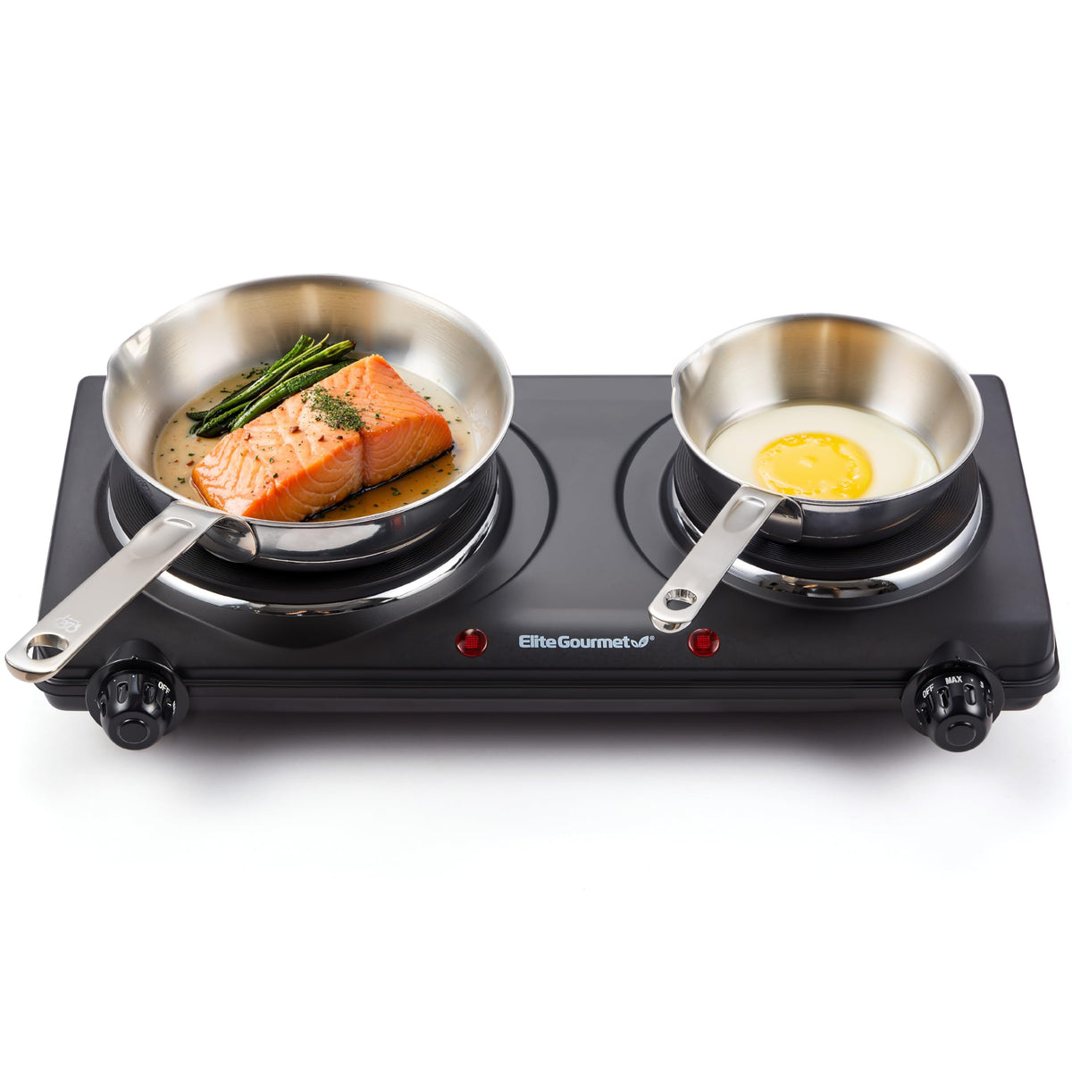 Elite Gourmet Edb-302Bf# Countertop Double Cast Iron Burner, 1500 Watts Electric Hot Plate, Temperature Controls, Power Indicato