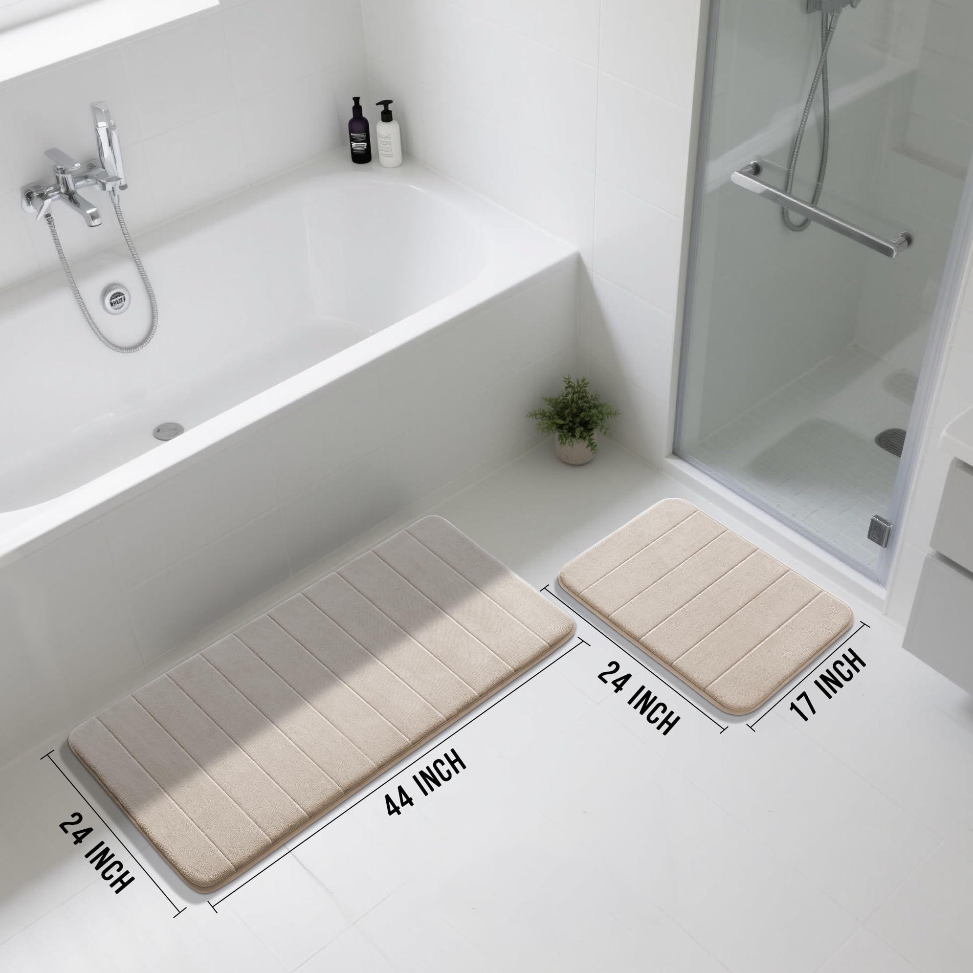 Yimobra Large Memory Foam Bathroom Mat 2 Pieces Set  Non Slip - Super Water Absorption Soft Bath Mats Rugs  Thick  Dry Fast  Machine Washable for Bathroom Floor Rug  44.1 x 24 + 24 x 17 Inch  Beige