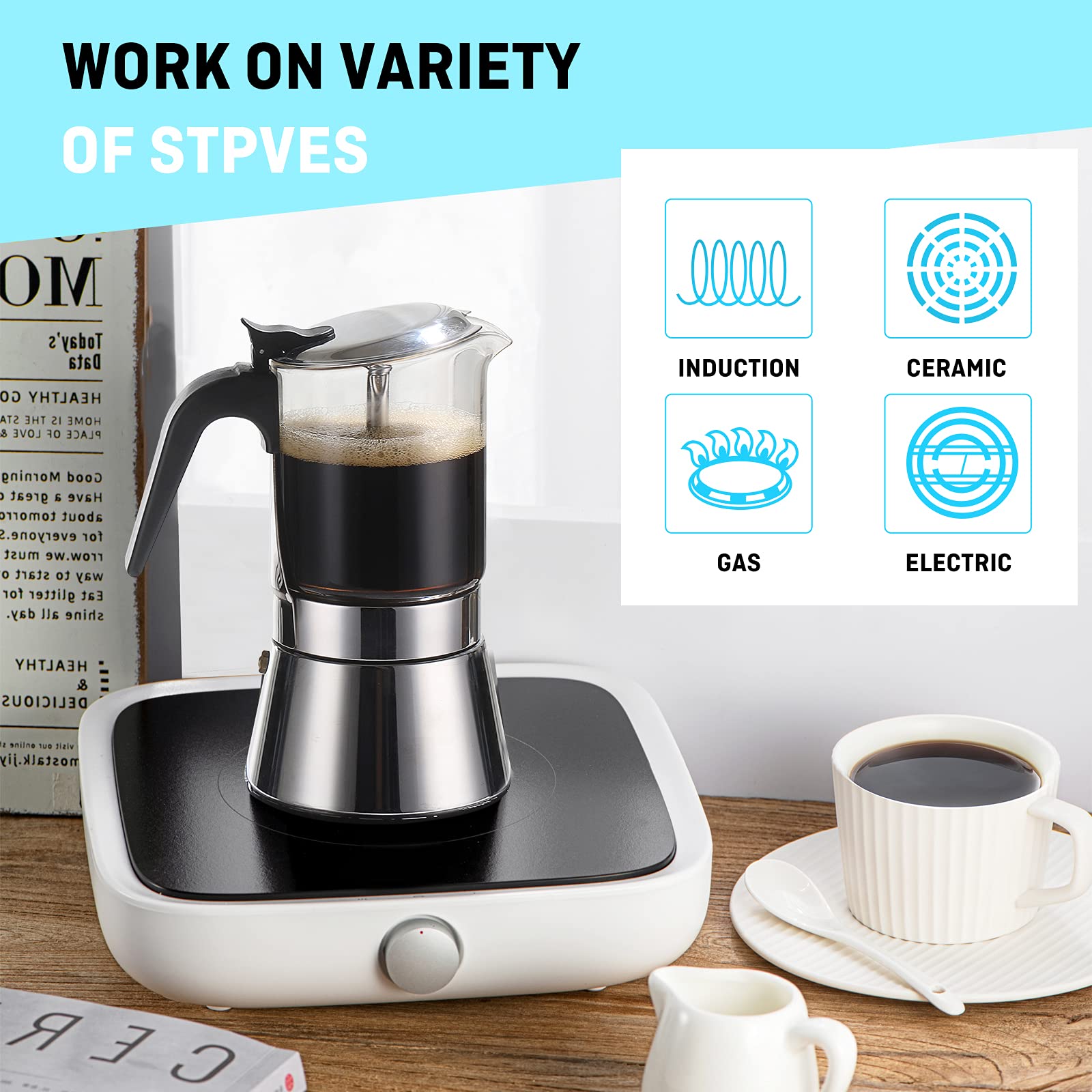 SIXAQUAE Stovetop Espresso Maker  Crystal Glass-top & Stainless Steel Espresso Moka Pot Classic Italian coffee maker(360ml)