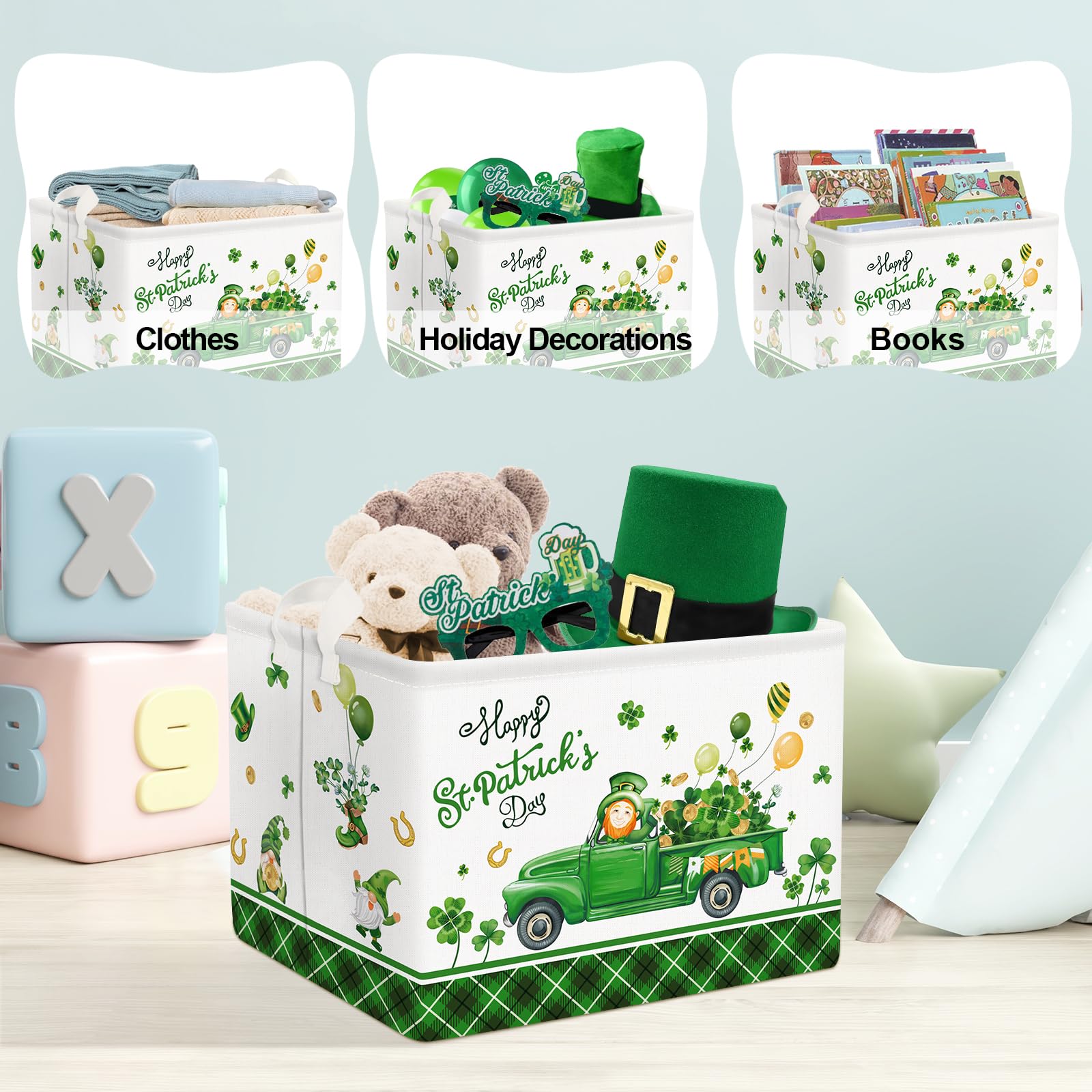Clastyle St. Patrick'S Day Four-Leaf Clover Gift Basket Green Balloon Gnome Truck Kid Shelf Basket Rectangle Buffalo Plaid Cloth