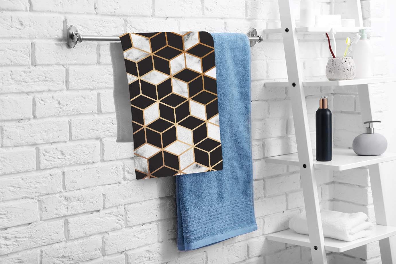 Ofloral Marble Gradient Cubes Hand Towels Cotton Washcloths,Modern Luxurious Marbling Surface Design With Golden Lines Black Whi