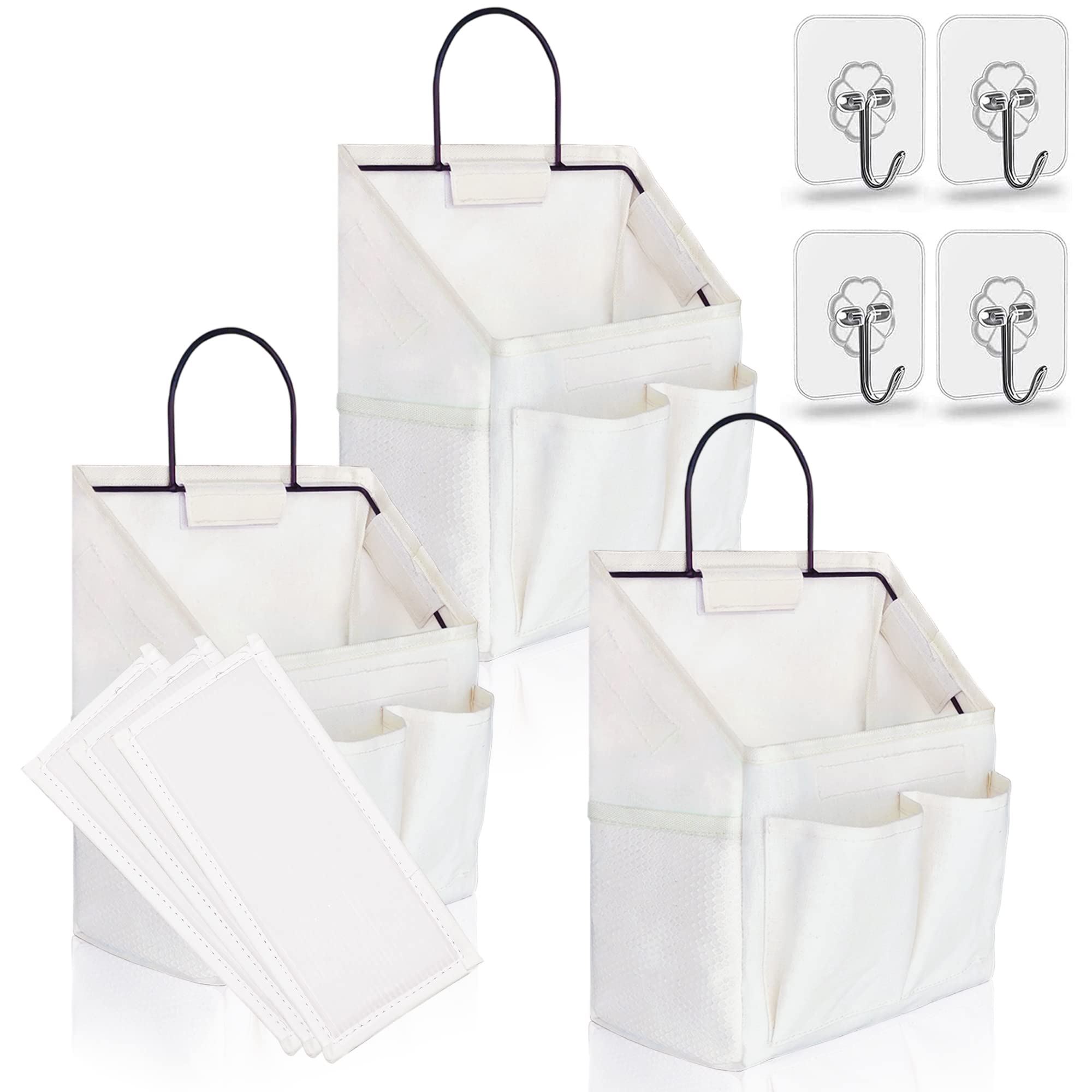 Kanrichu 3Pcs Small Wall Hanging Organizer Bag, Linen Fabric Door Hanging Storage Basket With Pockets, Waterproof Bin For Kitche