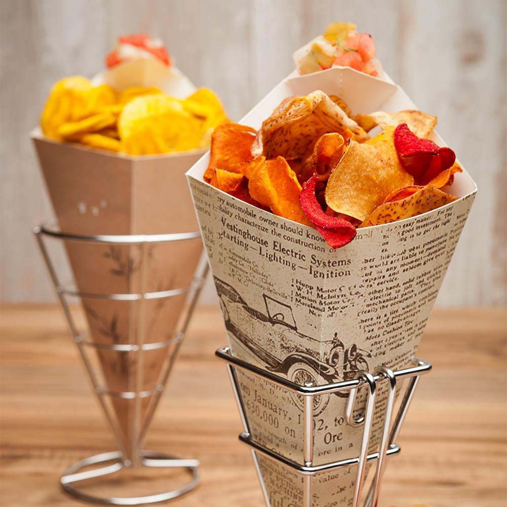 Restaurantware 2.5 X 5 Inch French Fries Stand 1 Fry Stand - With 1 Sauce Holder Dishwashable Silver Stainless Steel Cone Holder
