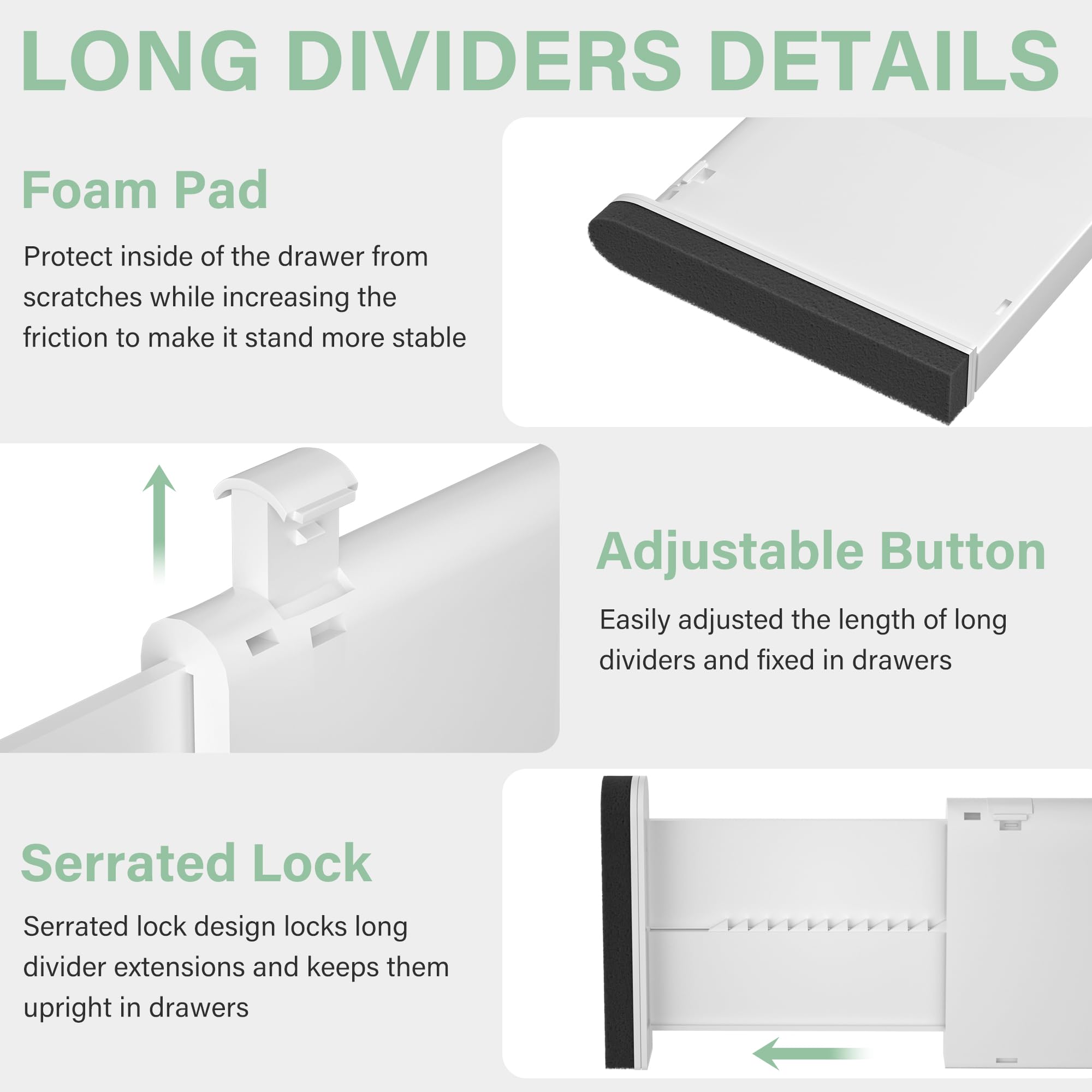 FUNIZE Adjustable Drawer Dividers With Inserts, 4'' High Expandable Drawer Organizers for Clothes, 5 Pack 12.6-22.8'' Long Divid