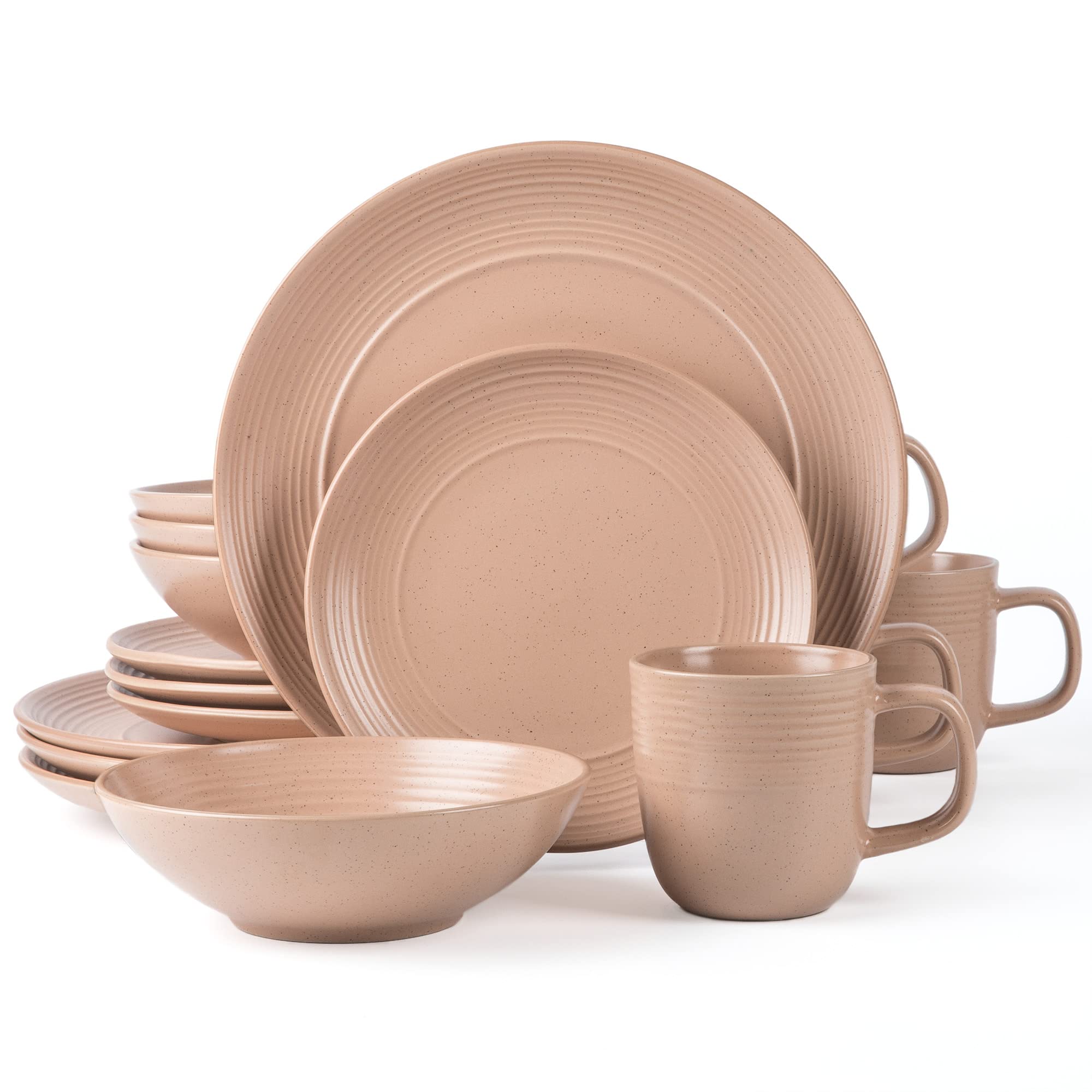 Arora RINGAR Round Stoneware 16pc Dinnerware Set of 4, Dinner Plates, Side Plates, Cereal Bowls, Mugs - Speckle Matte Coral (416