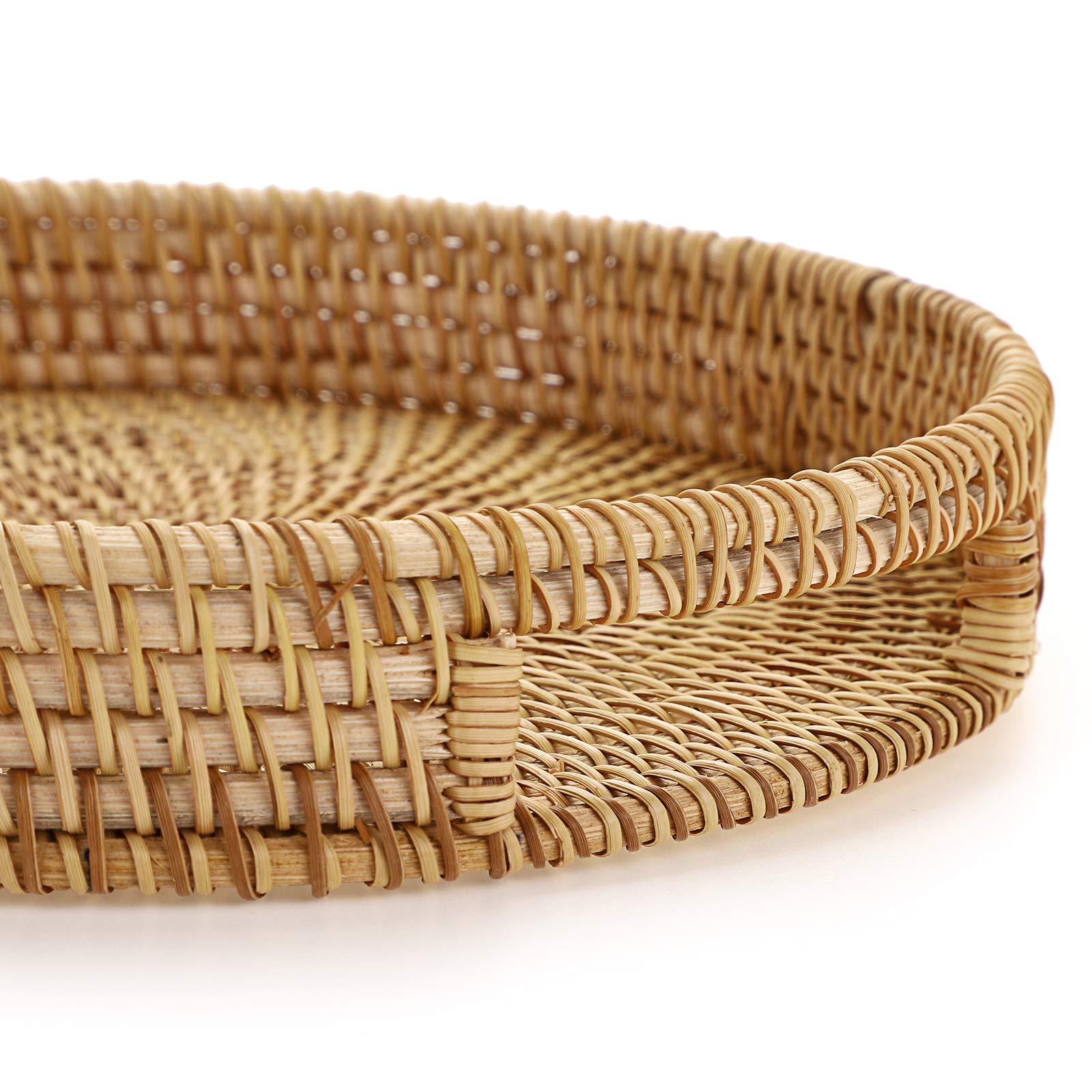 Hipiwe 10'' Round Rattan Serving Tray With Handles, Hand-Woven Decorative Organizer Tray For Storage Breakfast Drinks Snack, Cen