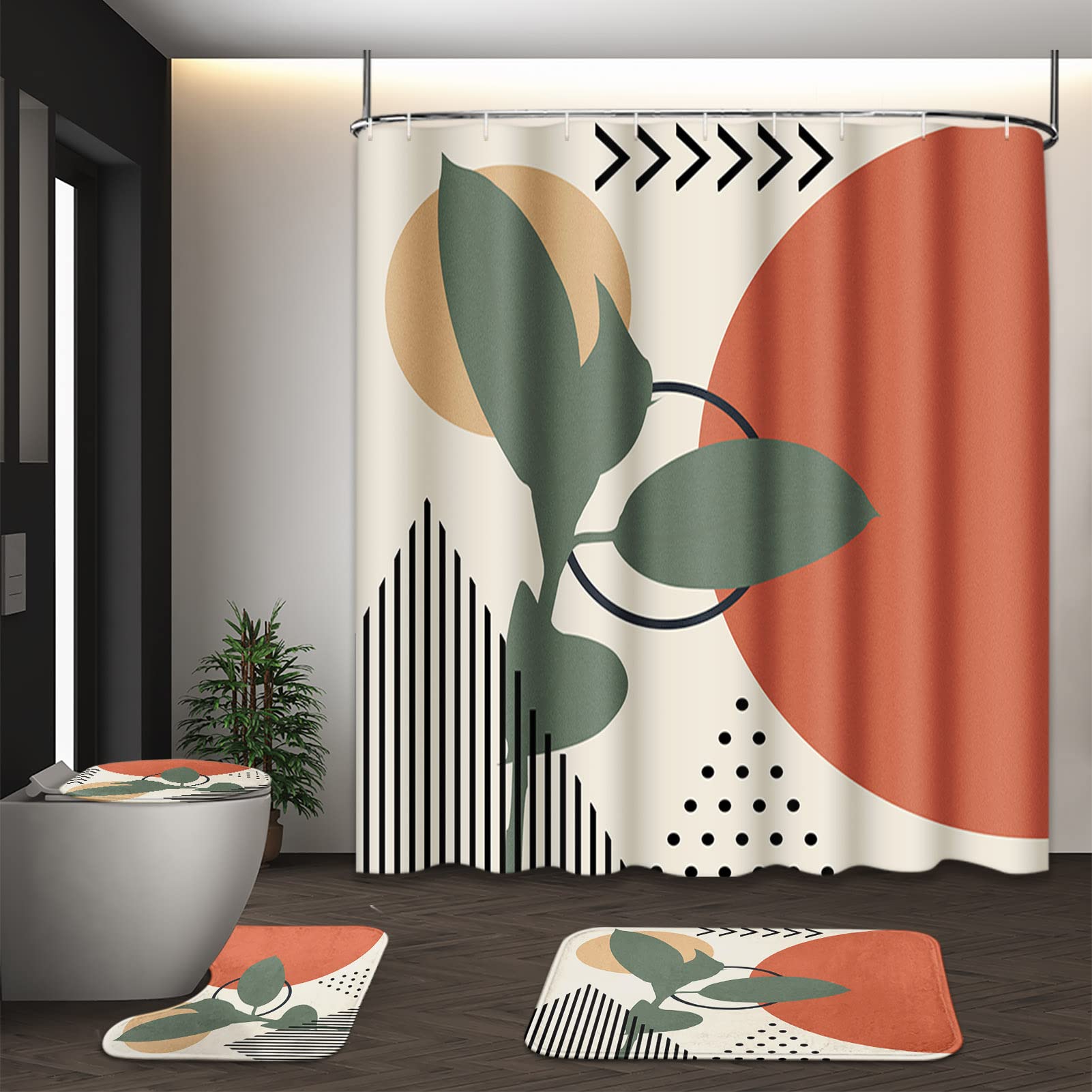 Tayney Boho Mid Century Shower Curtain Set With Toilet Lid Cover And Non-Slip Rugs, Abstract Botanical 4 Pcs Shower Curtain Set,