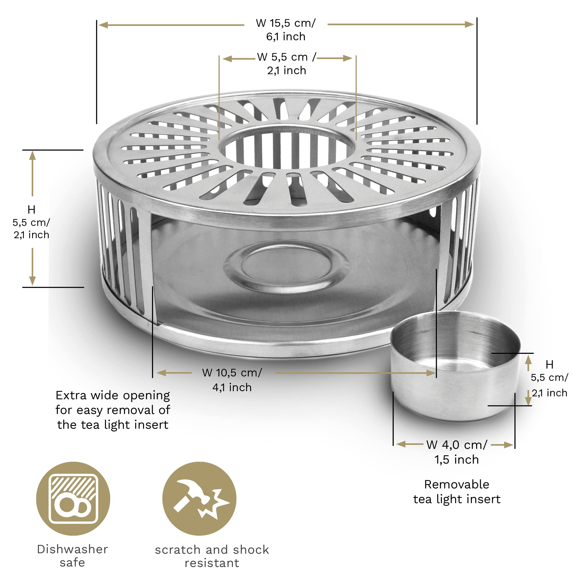 Creano Black Stainless Steel Tea Warmer with Tea Light Holder - Tea Cosy - Stable Not Rattling - Rechaud Suitable for All Teapots