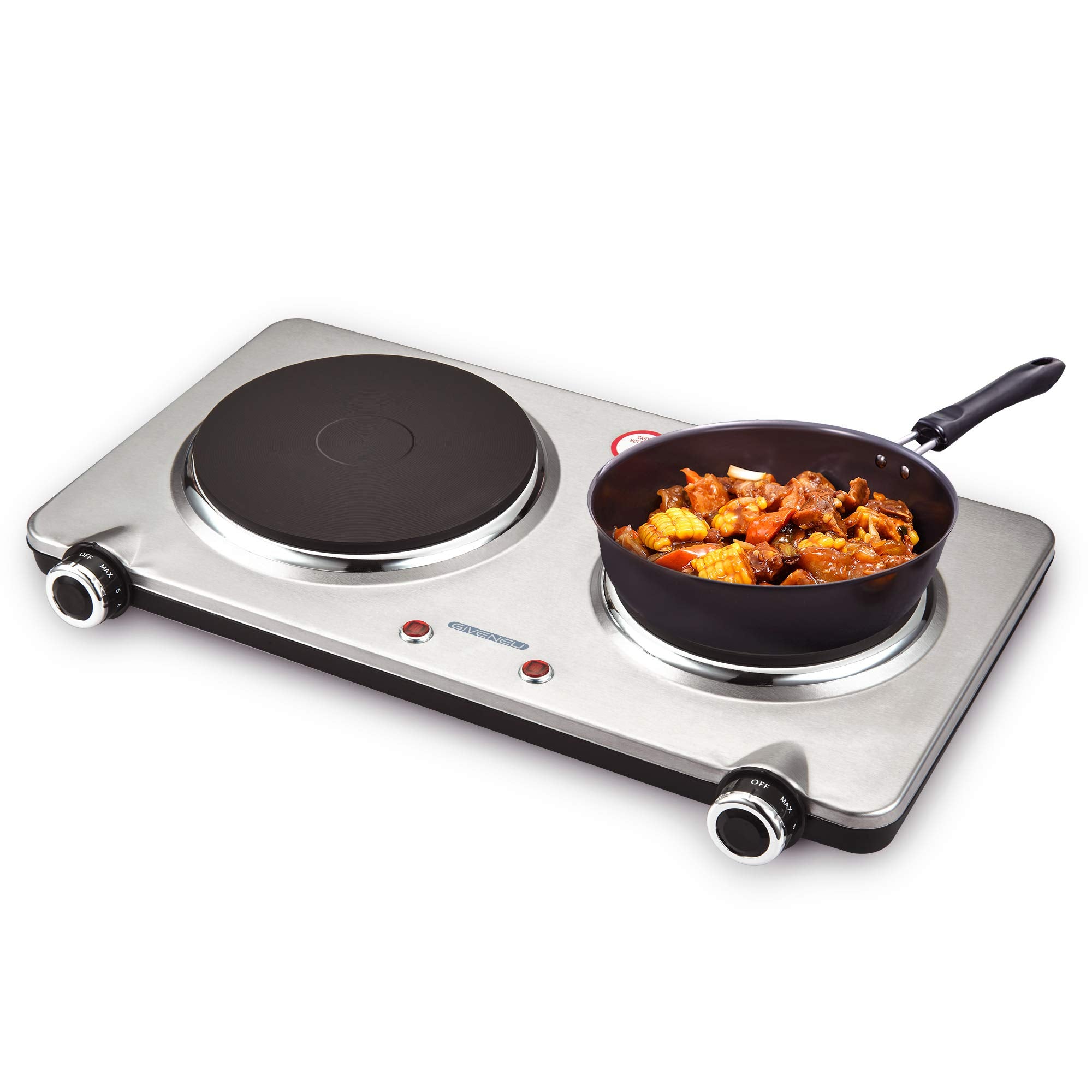 GIVENEU Electric Double Burner Hot Plate for Cooking, 1800W Portable Electric Stove, 6 Speed Adjustable Thermostats, Stainless S