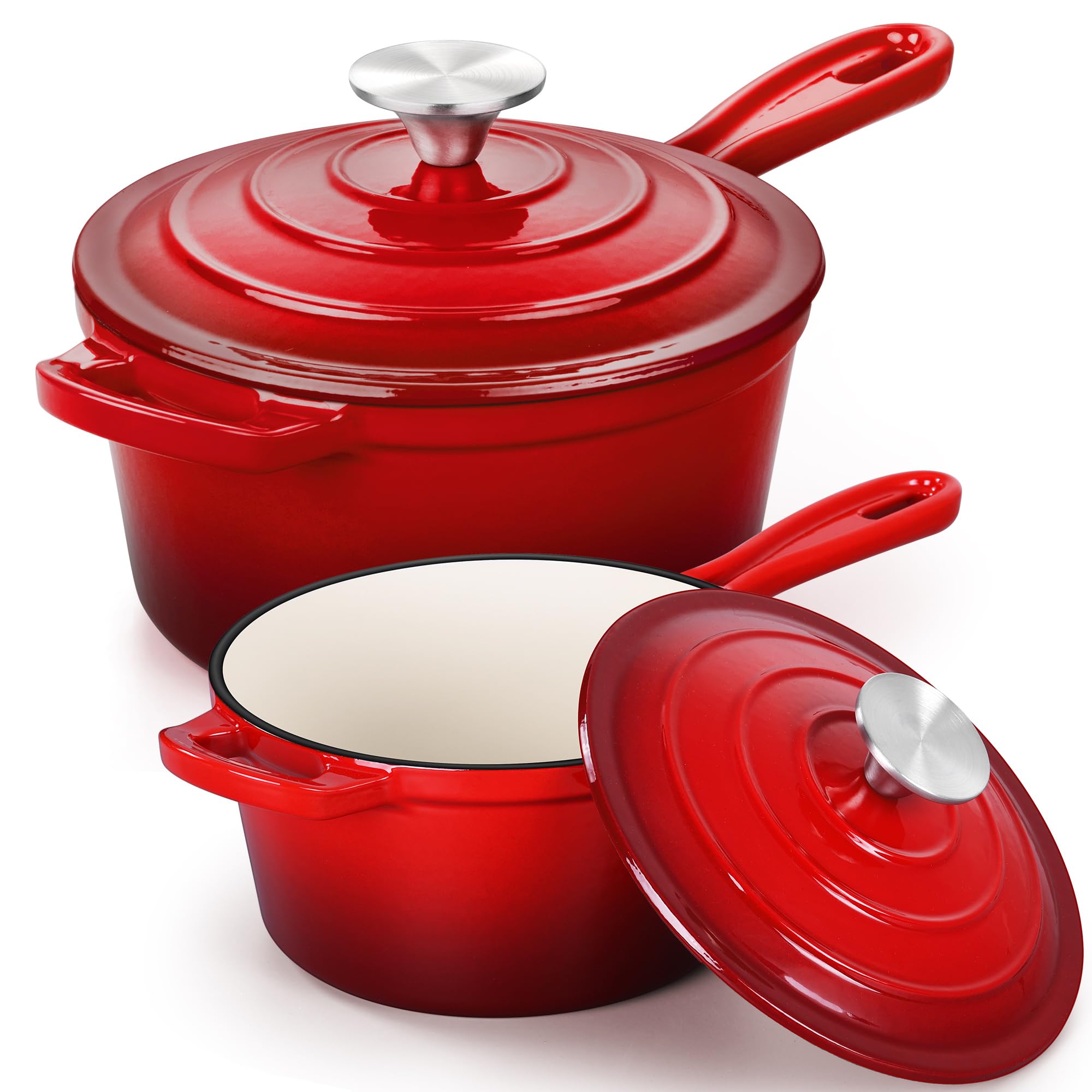 Efar Enameled Cast Iron Sauce Pan Set with Selfbasting Lids, 1Qt & 2Qt