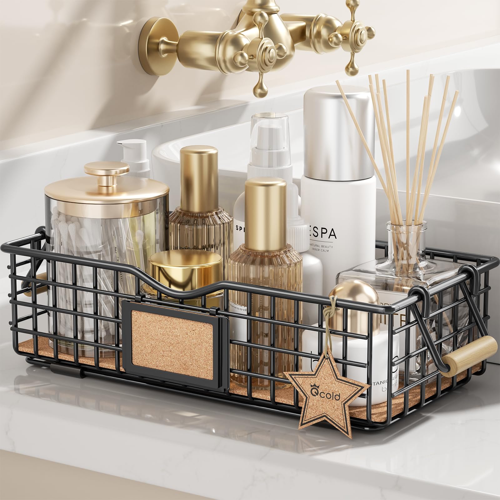Qcold Metal Wire Basket Storage  Bathroom Basket for Organizing  Bathroom Counter Organizer with Wooden Handles  Farmhouse Bathroom Decor Tray  Toilet Paper Basket Storage (Small  Black)