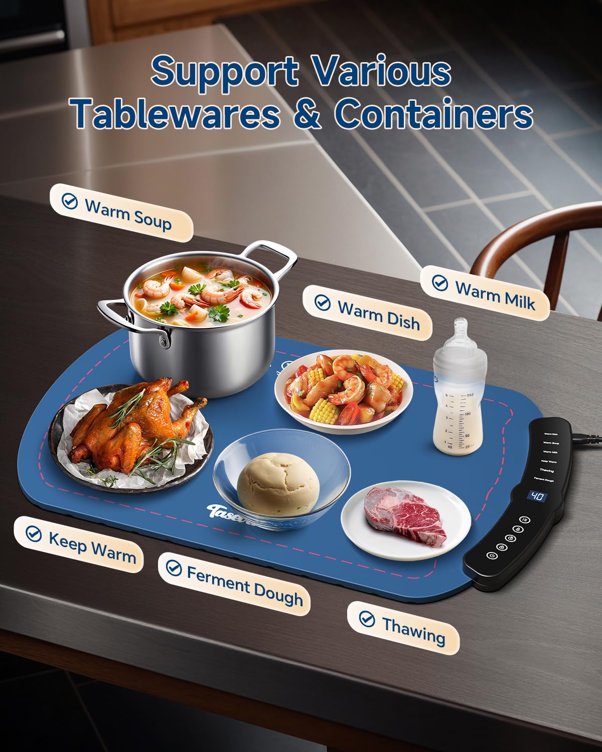 Taseven Warming Mat for Food, Food Warming Mat with 7 Temp Master Adjustable Warming Tray, Thermochromic Line, Electric Warming