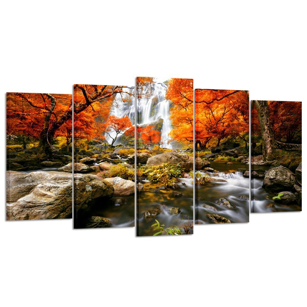 Kreative Arts - Autumn Forest Waterfalls 5 Piece Modern Wrapped Giclee Canvas Prints Artwork Landscape Tree Paintings Pictures O