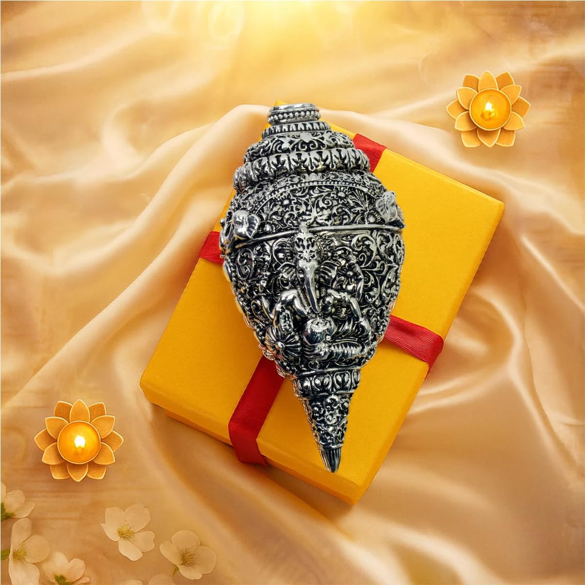 Astrotalk 925 Silver Plated Ganesh Shankh (Conch) 12 cm | Ganesh Idol Crafted Shankh | Attracts Wealth, Prosperity & Positive Energy | Vastu Decorative Item for Home | Mandir Decoration & Festive Gift