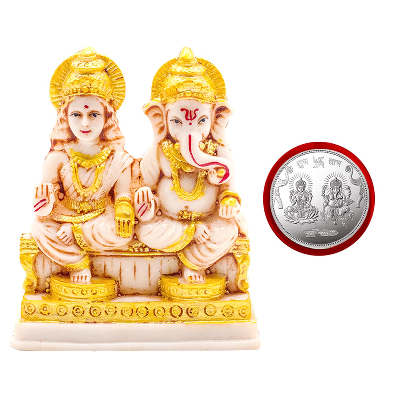 Kitlyn Laxmi Ganesh Sitting On Stone Marble Statue | Laxmi Ganesh Silver Coin For Wealth & Hapinness Decorative Showpiece - 10 C