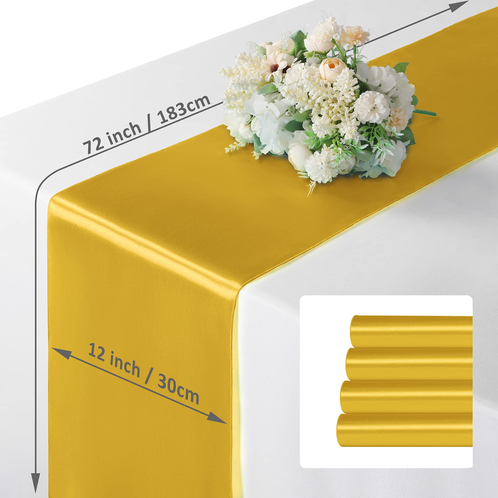 Manyshofu 4Pcs Satin Gold Runner - 12 x 72 Inch Long Size  Party Table Runner Decor Bright & Smooth Wedding Decorations Table Runner for Banquet Chef Birthday Buffet Dinner Graduations
