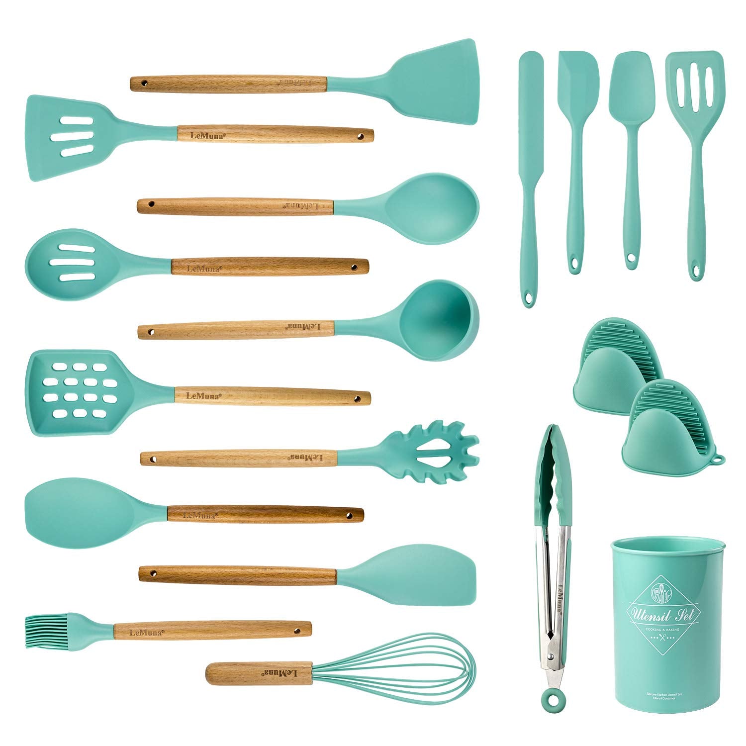 Lemuna Cooking Utensils Set, 18Pcs Kitchen Silicone Utensils, Heat Resistant Non Toxic & Bpa-Free With Holder & Wooden Handle, H