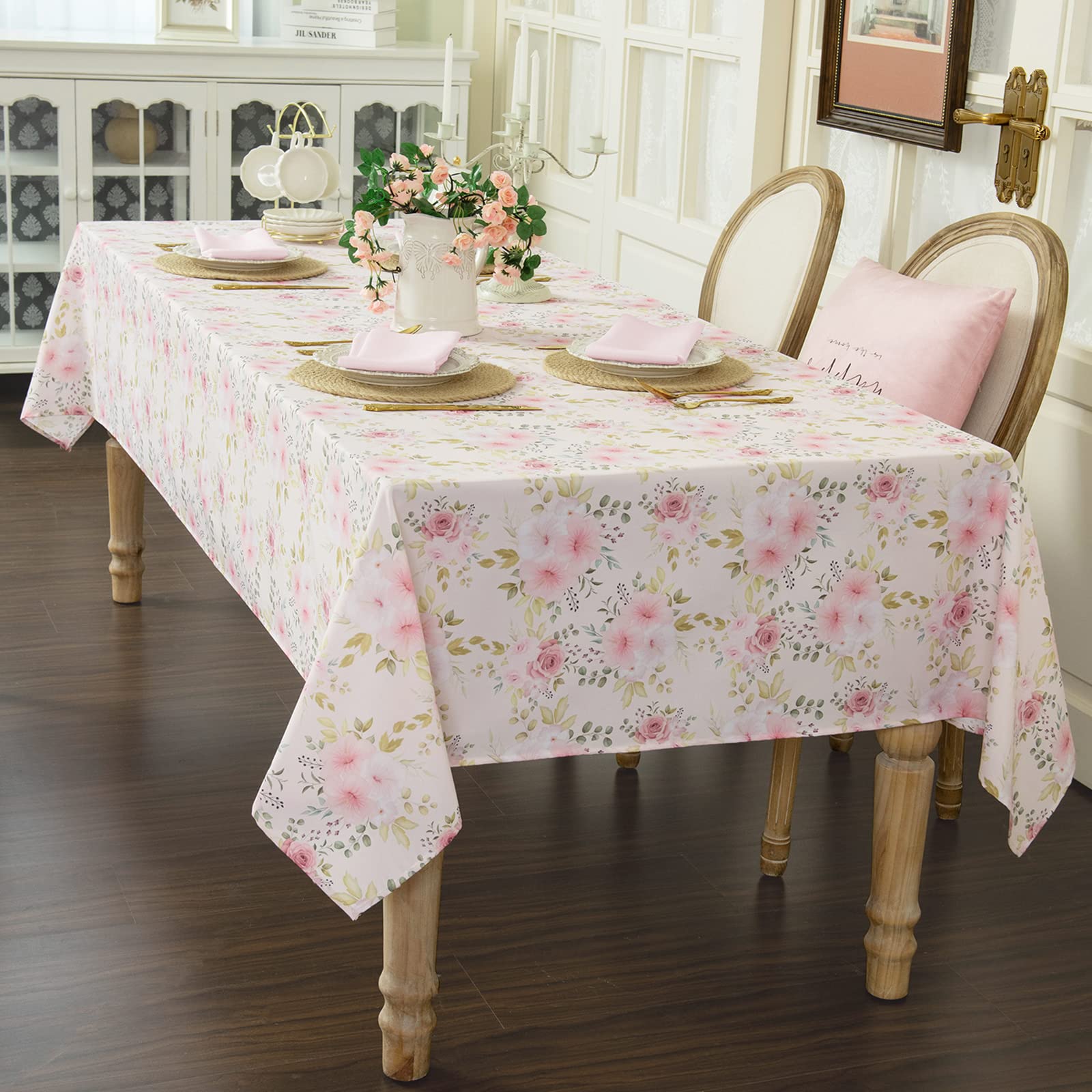 Joyfol Day Flower Tablecloth, Pink Floral Table Cloth For Rectangle Tables,Waterproof Resistant Rose Table Cover For Valentines,