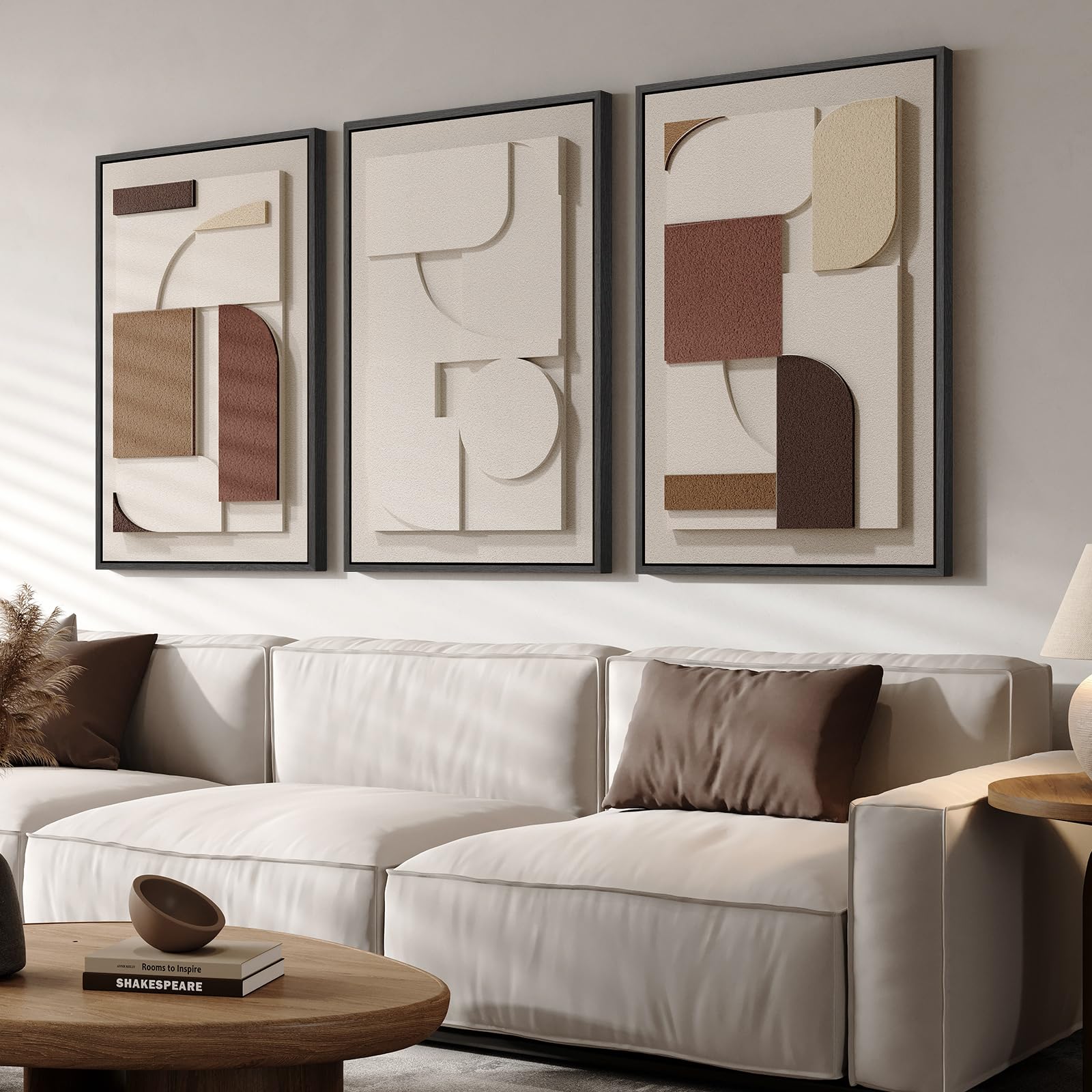 Framed 3D Textured Neutral Wall Art For Living Room, Large Brown And White Geometric Abstract Artwork For Walls, 3 Piece Modern 