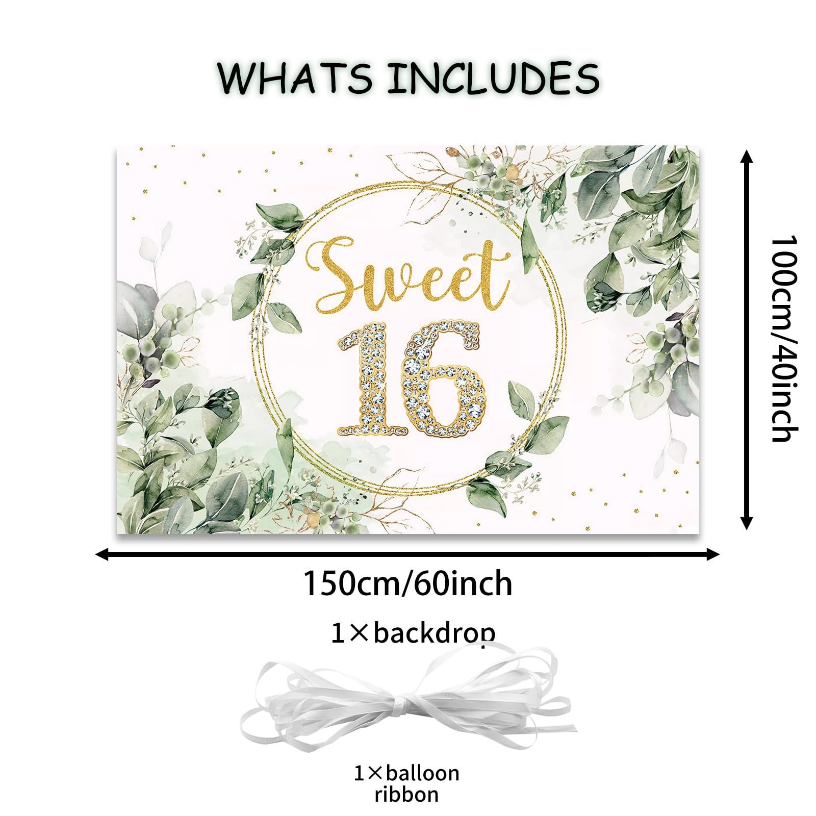 Difounmas Sweet 16 Birthday Backdrop Banner, 60"x40", Sage Green, Model JFH-099, Perfect for Girls' 16th Birthday Party Decor