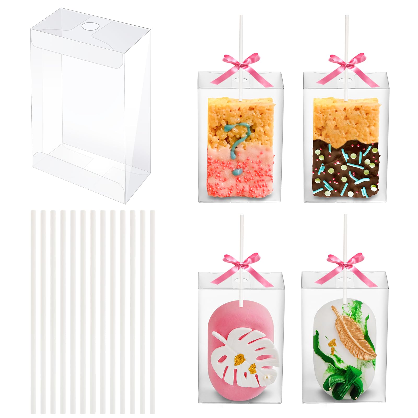 35 Pack Rice Krispy Treats Boxes with Sticks Kit: Clear Plastic Container with Hole for Small Cakesicles, Marshmallow Square, Ca