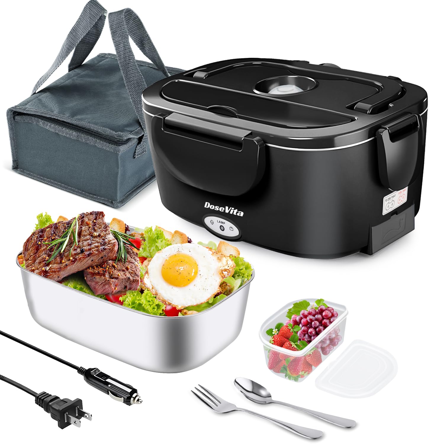 Dosevita - Electric Lunch Box, 80 W, Heating, 1.5 L, 304 Stainless Steel, 12/24/110 V, Self-Heating, For Car, Truck, Work, Black