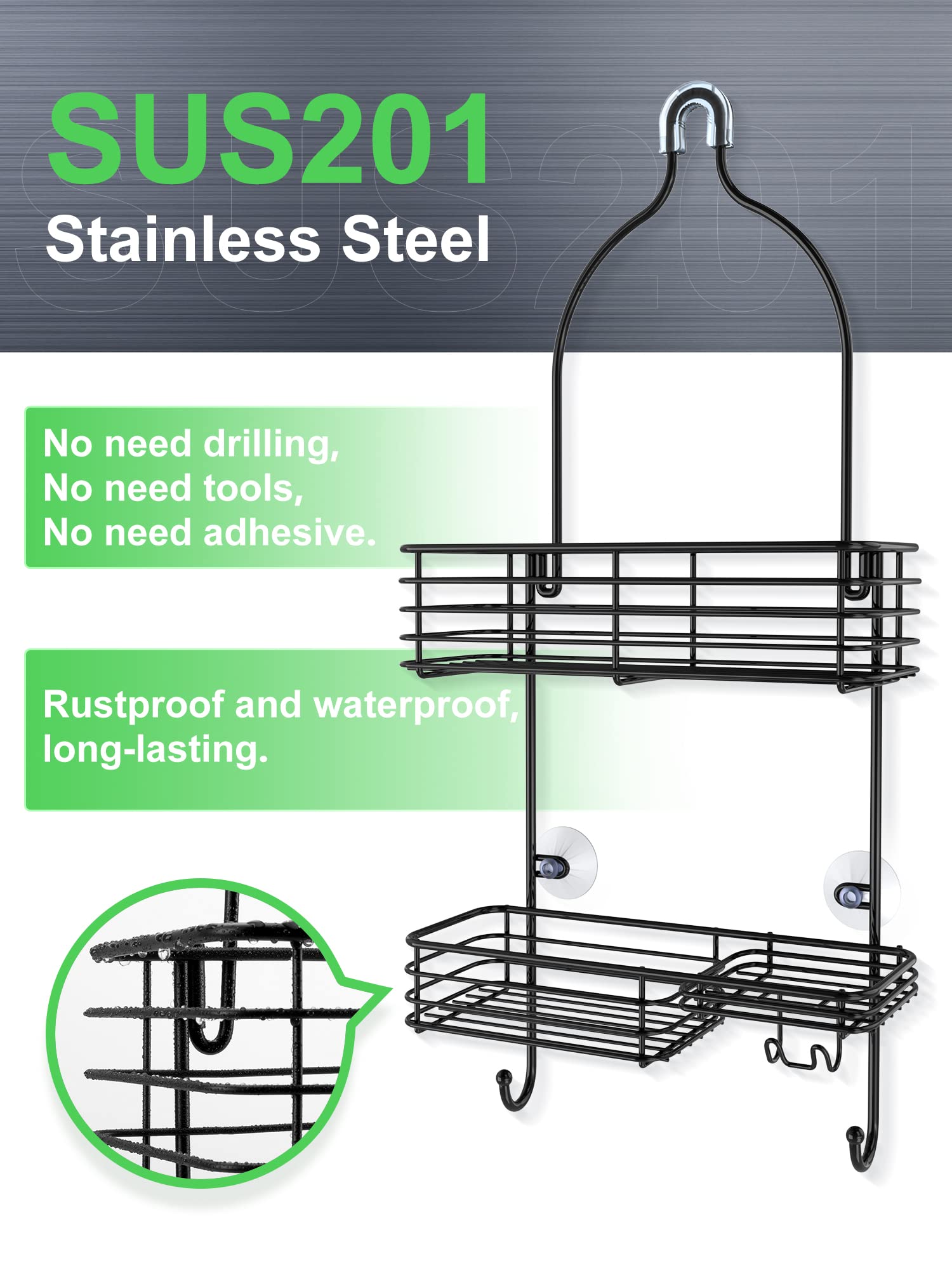 Smartake Hanging Shower Head Caddy, Rustproof Bathroom Shower Shelf Organizer, Sus201 Stainless Steel Over The Shower Storage Ra