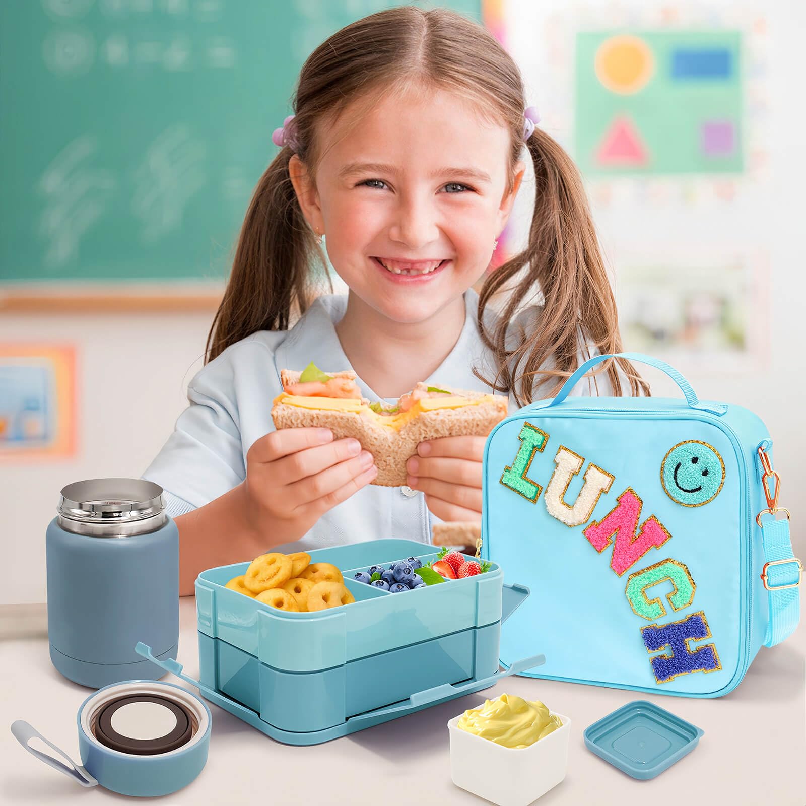 Kids Lunch Bag with 10oz Thermos, with 6 Compartment Bento Box, Blue Nylon Insulated Preppy Lunch Box Adjustable Strap Birthday
