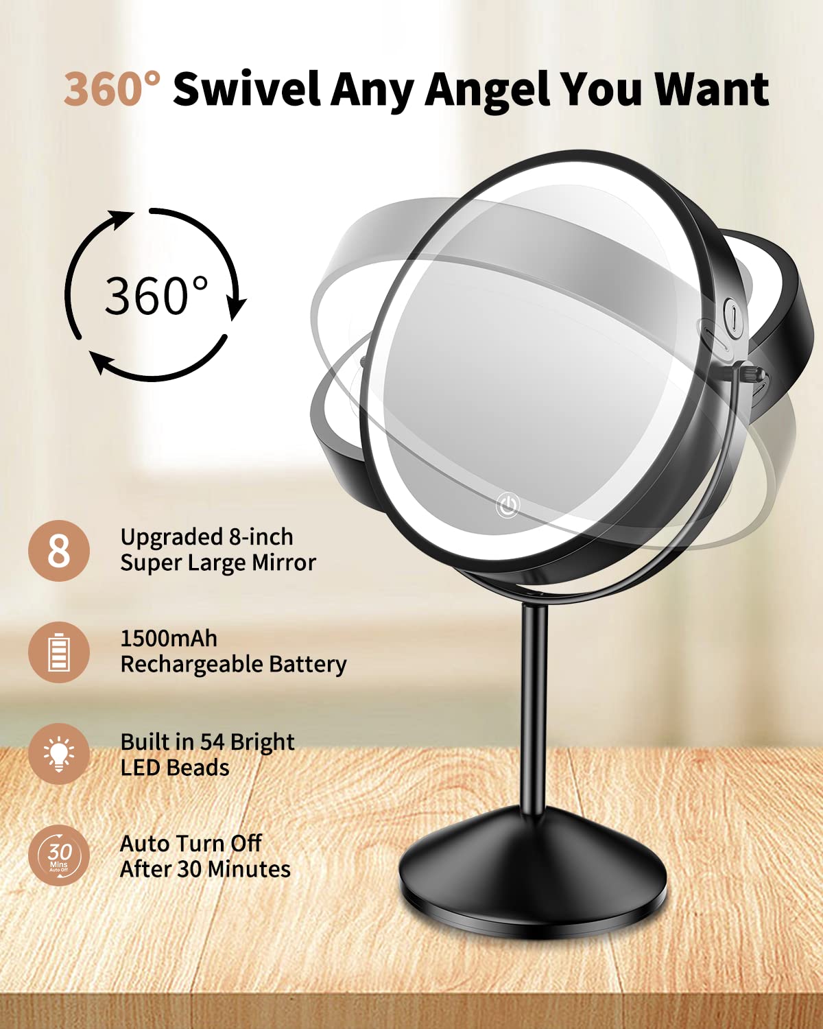 Gospire 8 Inch Lighted Makeup Mirror, 3 Color Lights & Stepless Dimming Led Vanity Mirror, 1X/10X Double Sided Magnifying Rechar