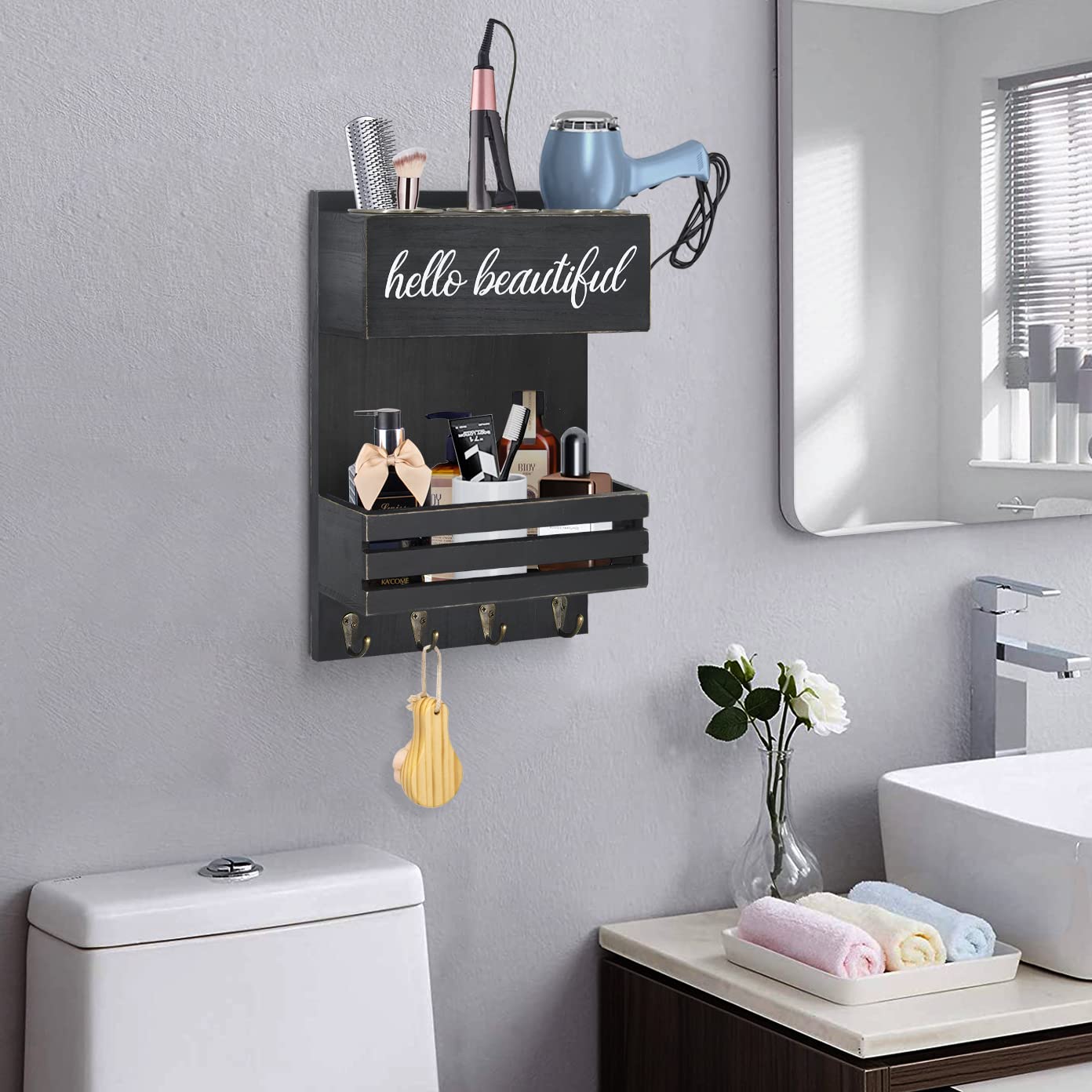 Black Hair Tool Organizer Wall Mount, Two Tiered Hair Dryer Holder Wall Mounted, Bathroom Hair Care And Styling Tool Organizer F