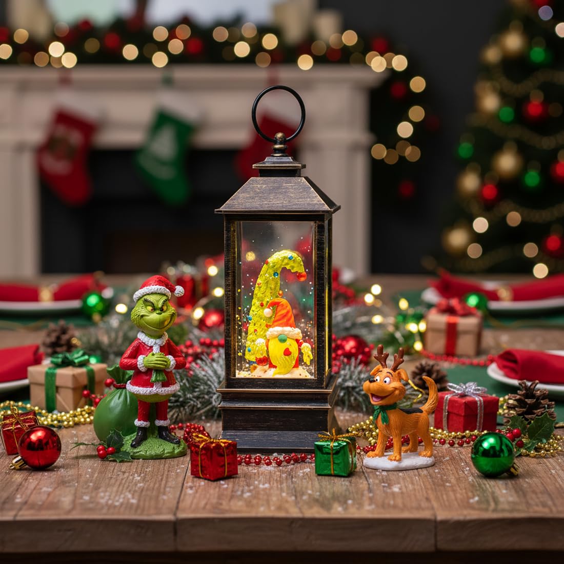 10 Christmas Gnomes Snow Globe Lantern Lighted Whimsical Christmas Tree & Santa Elf Musical Water Lantern Swirling Glittering