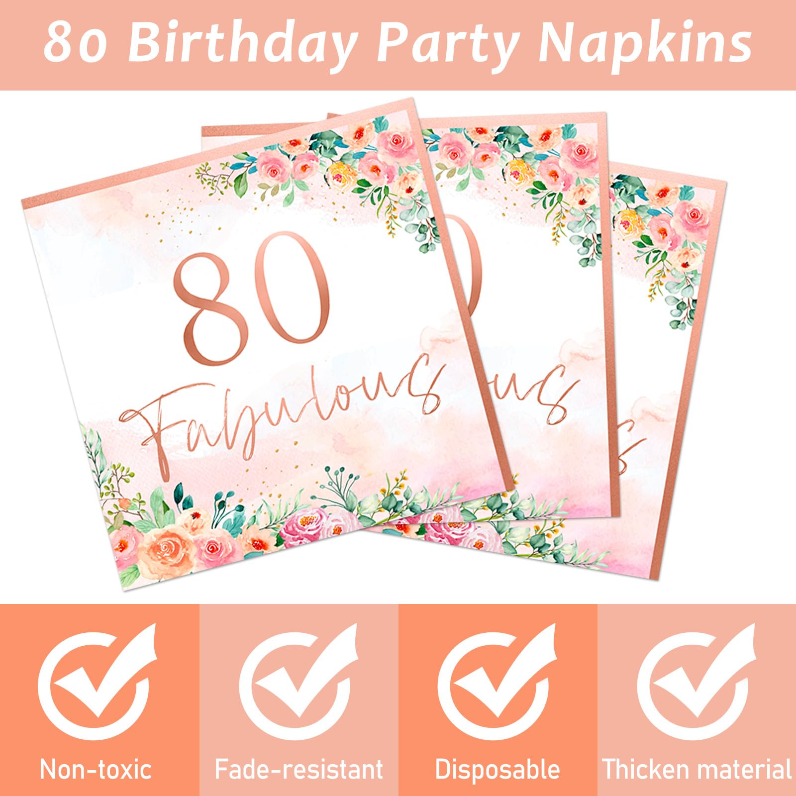 Obusatt 96Pcs Floral 80 Fabulous Party Supplies 80Th Birthday Paper Plates Napkins Rose Gold Party Decorations 80 Years Dinnerwa