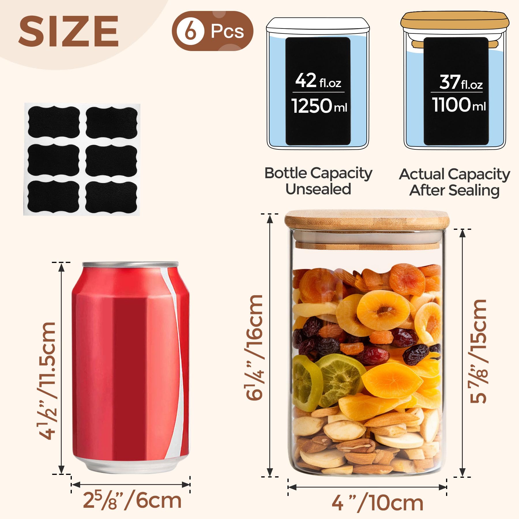 Comsaf 37 Oz Glass Storage Containers With Lids, Glass Jars With Lids, Clear Food Storage Jar, Square Glass Canister Set Of 6, P