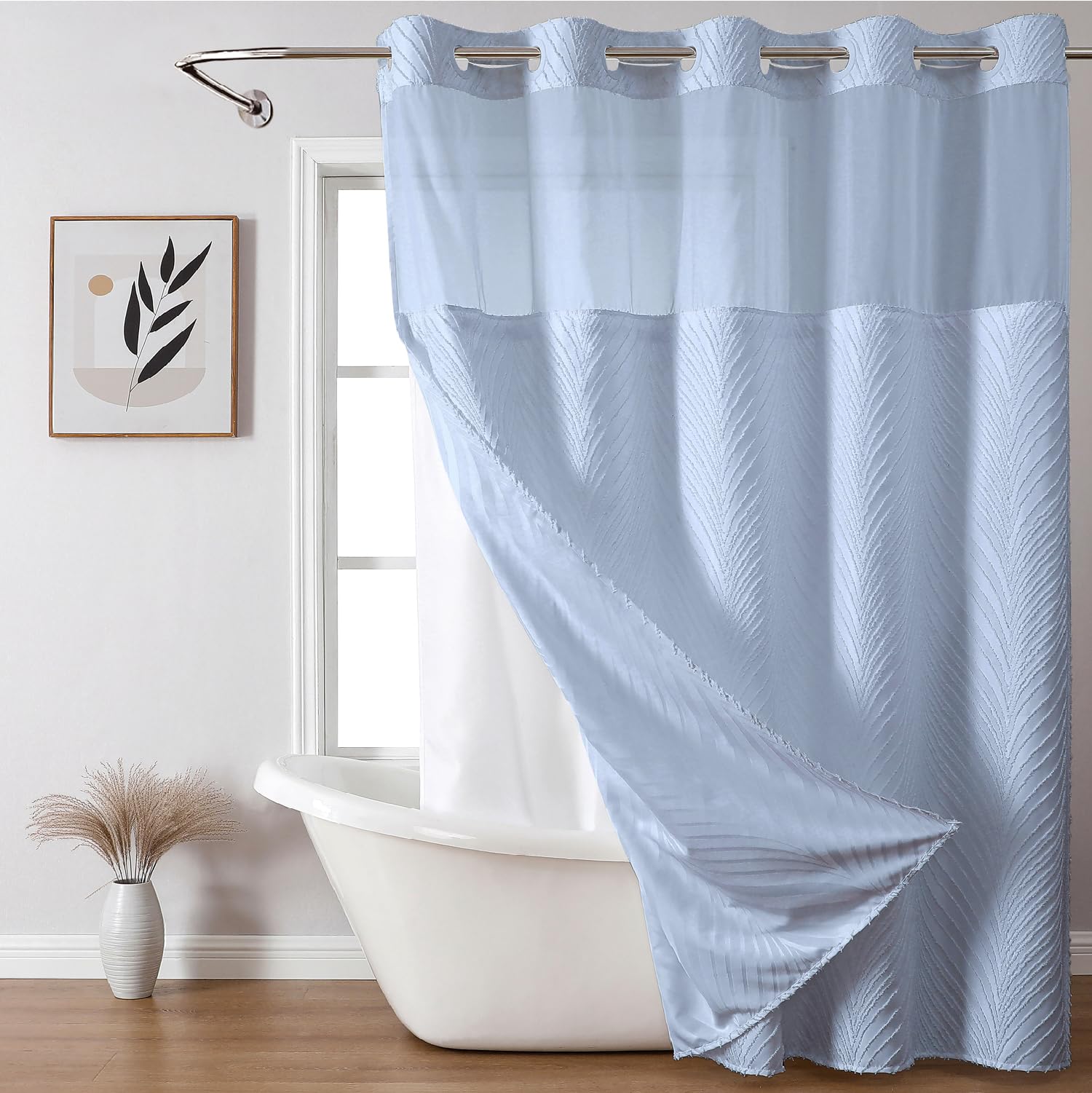 Eachope No Hook Shower Curtain And Liner Set,Boho Style With See Through Top Window, Blue Fabric Tufted Striped Textured Outer C