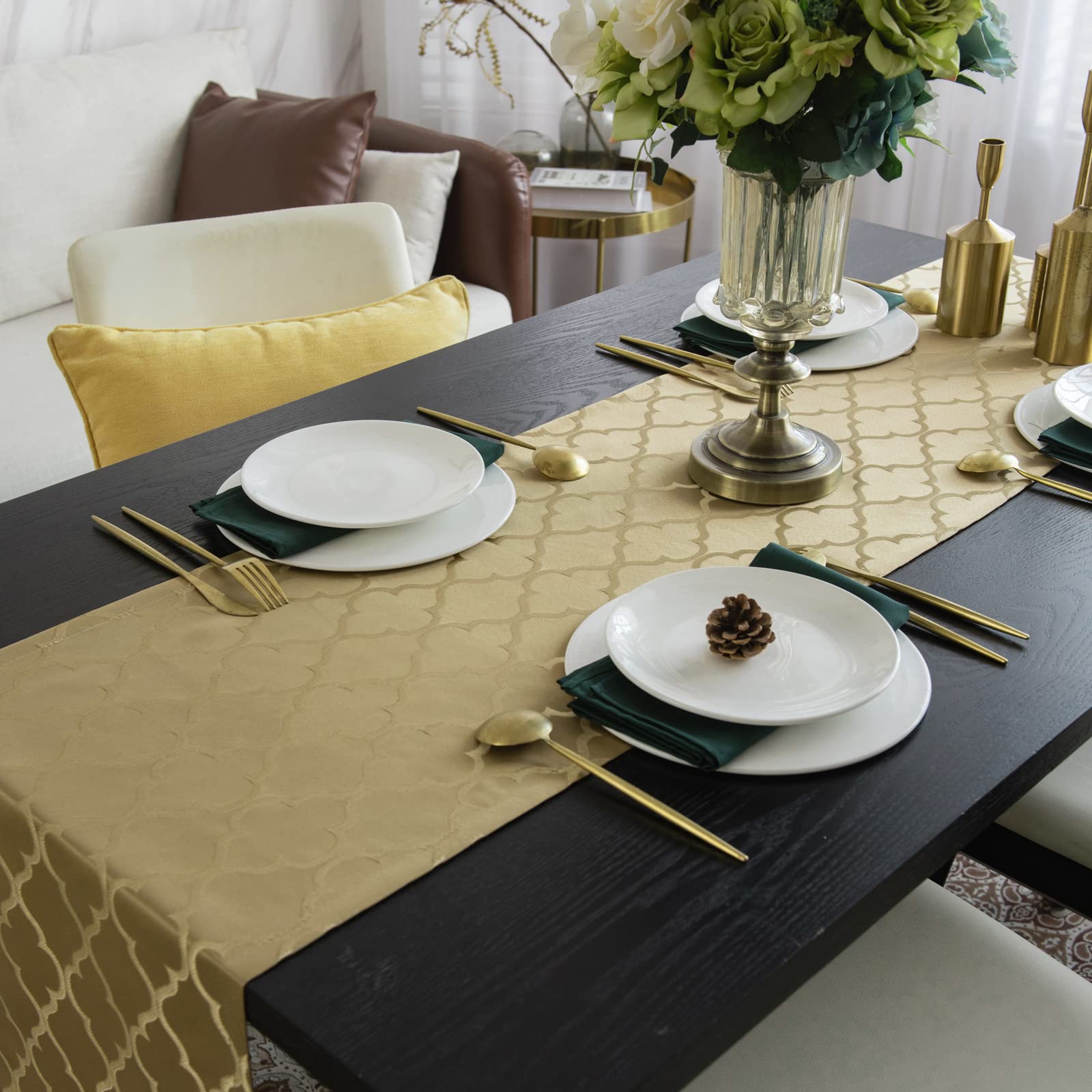 Joyfol Day Jacquard Beige Gold Table Runner,Dresser Scarf,Rectangular Polyester Wrinkle Resistant Damask Table Runners For Kitch