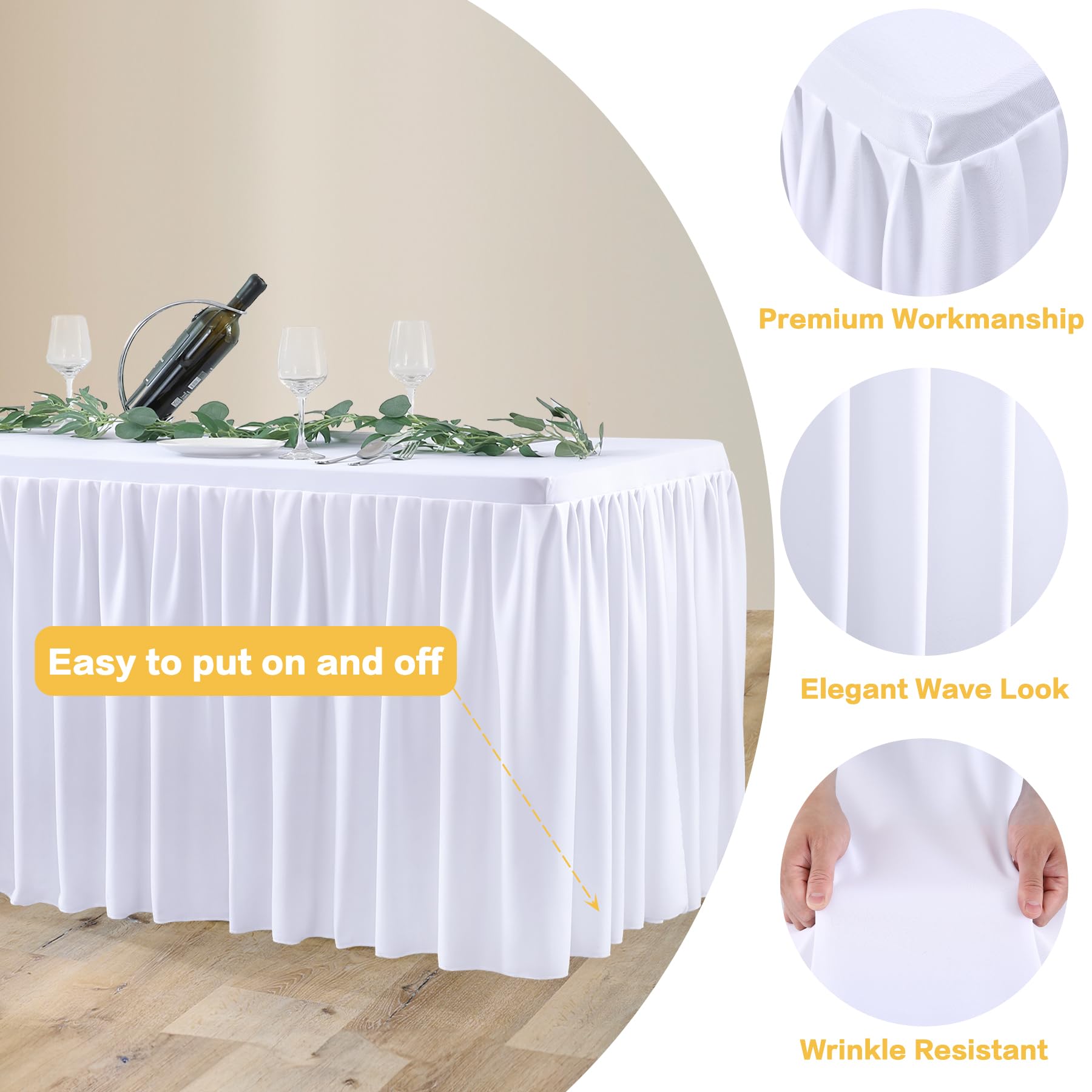 3 Pack White Polyester Table Clothes For 6 Foot Rectangle Tables, Wrinkle Free Fitted Table Cover With Pleated Ruffle Table Skir