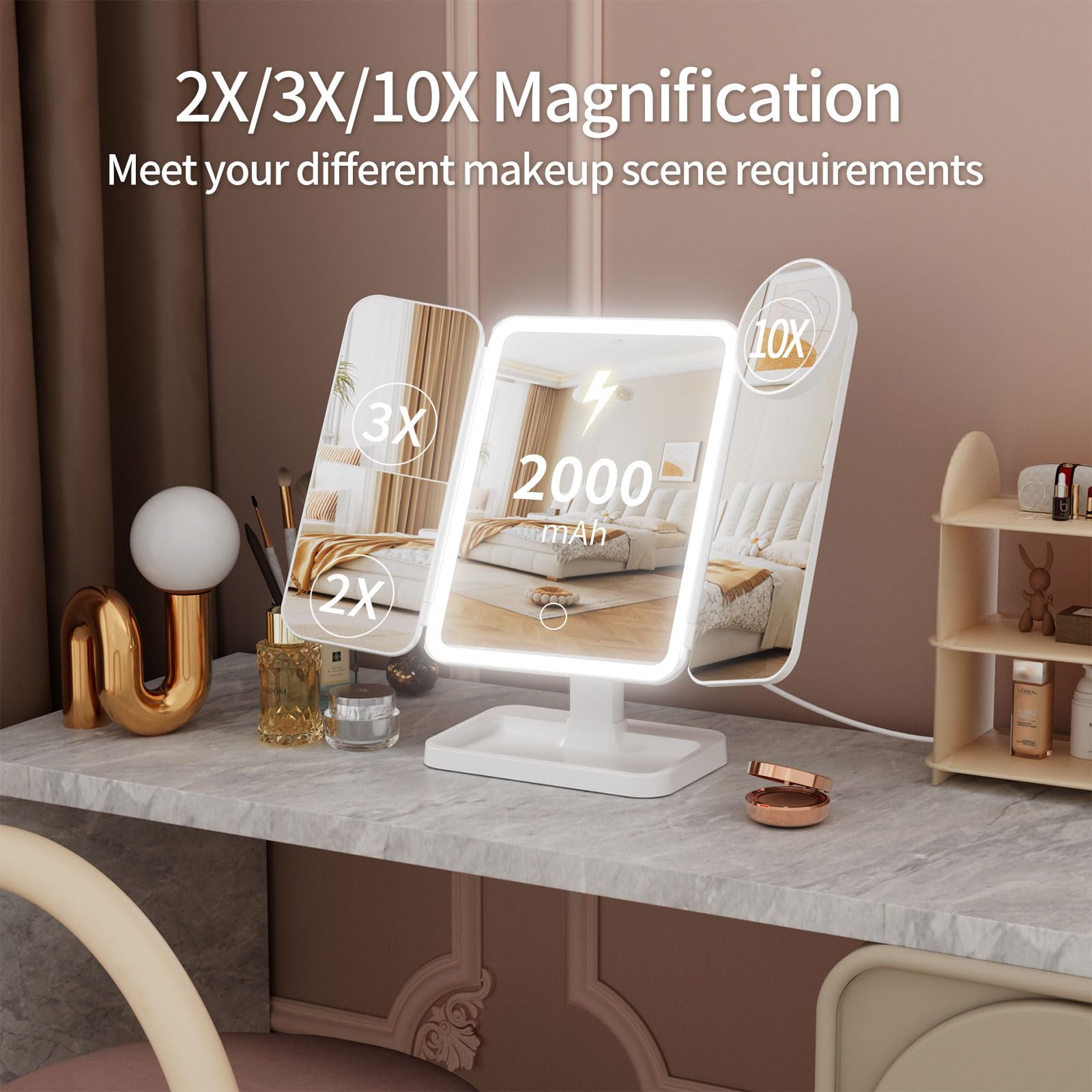 Makeup Mirror With Lights, Rechargeable Lighted Vanity Mirror With 70 Led Lights And 2X 3X 10X Magnification, 3 Color& Adjustabl