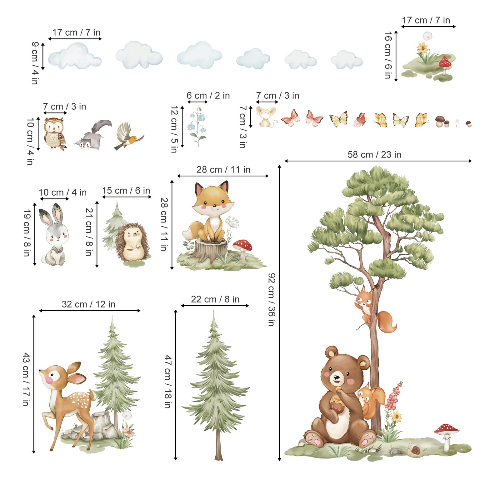 Wondever Woodland Animals Wall Stickers Large Pine Tree Forest Bear Deer Fox Peel And Stick Wall Art Decals For Baby Nursery Kid