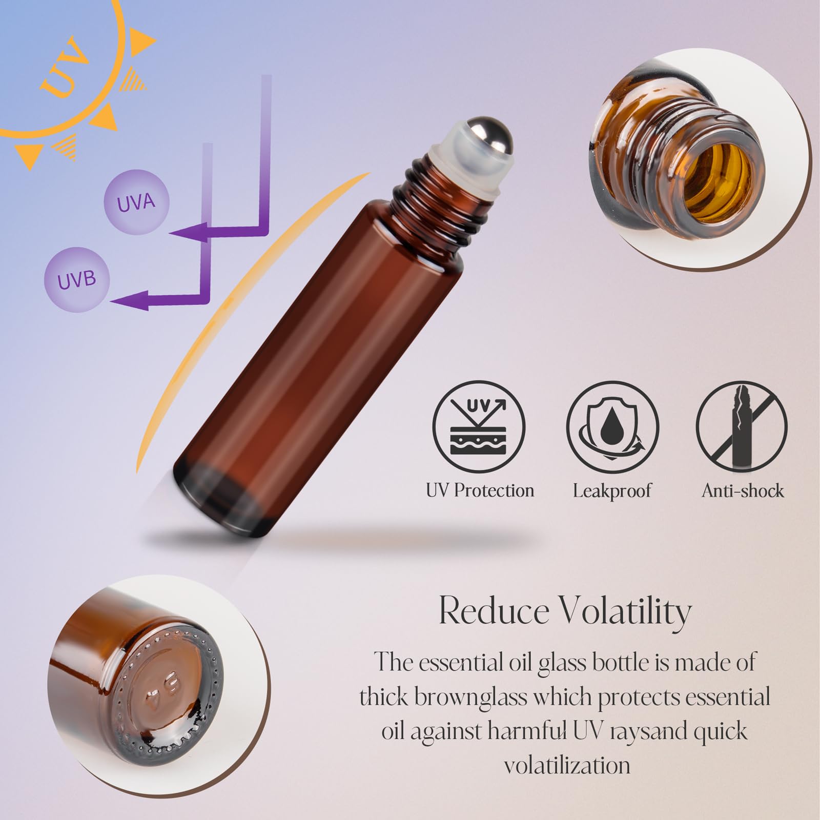 ZEJIA 10ml Roller Bottles 24Pack Amber Thick glass Essential Oil Roller Bottles Stainless Steel Roller Ball with 2 Droppers