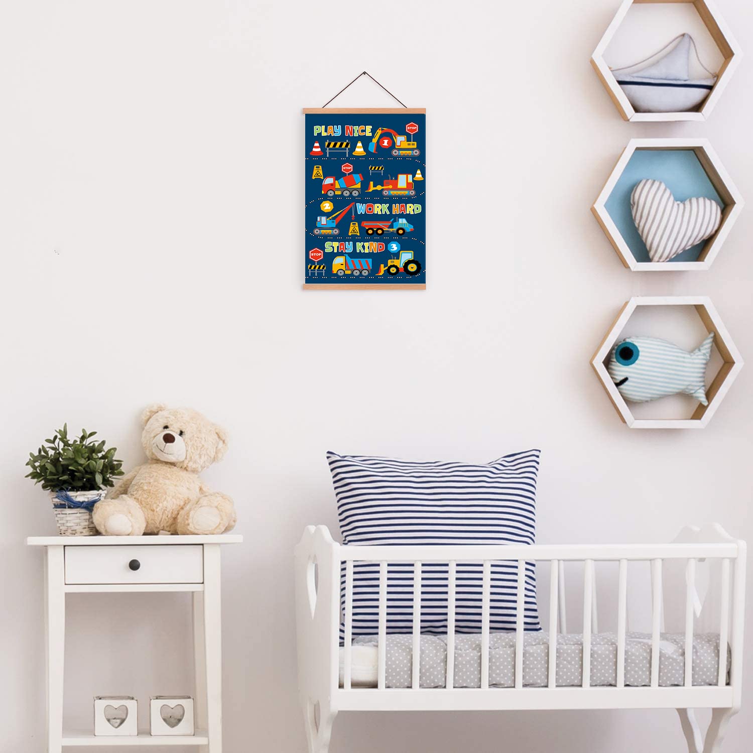 CHDITB Transport Vehicle Art Print Construction Magnetic Natural Wood Hanger Frame Poster Canvas Inspirational Quote-Play Nice Work Hard Stay Kind Painting 28X45cm Wall Hanging for Nursery Decor