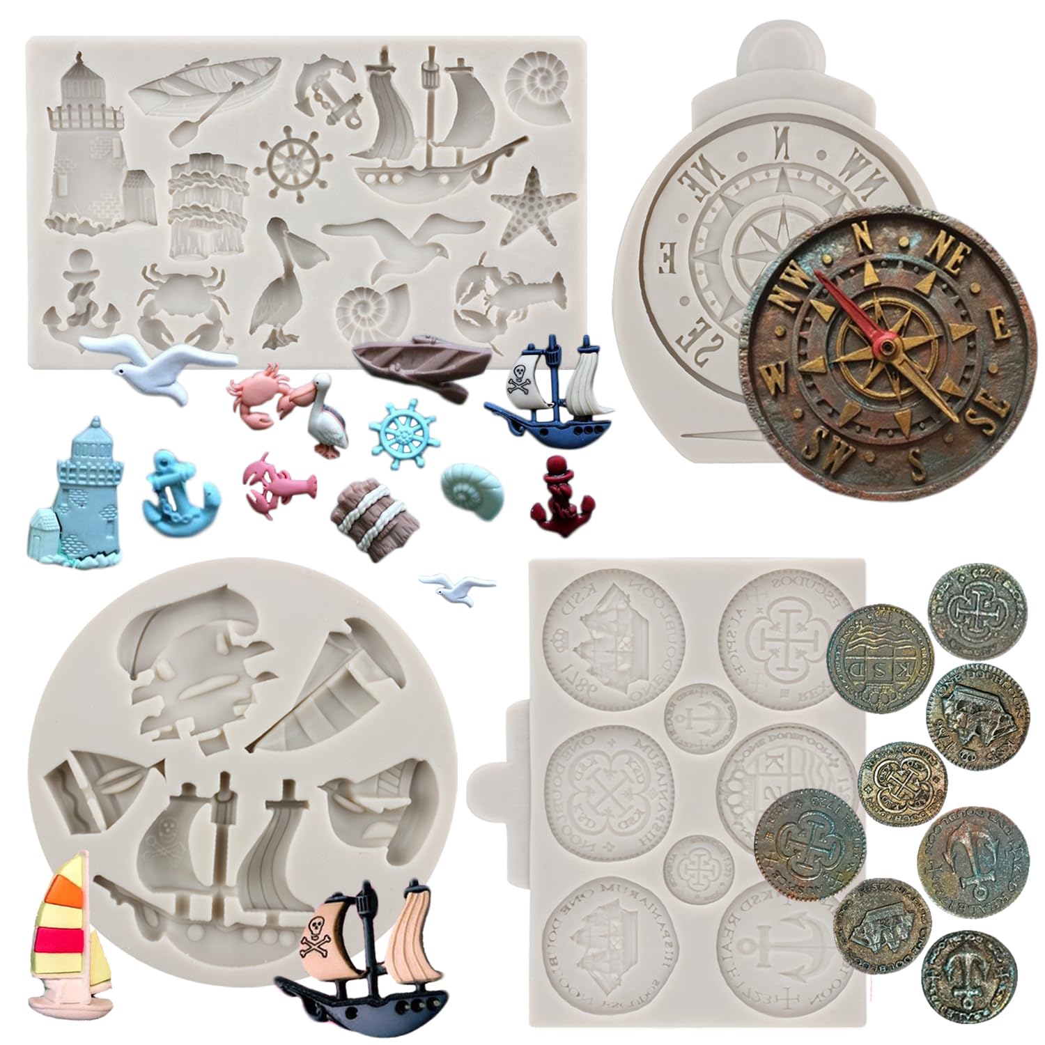 Minfeidms Sailing Ship Silicone Molds Compass Anchor Rudder Lifebuoy Lighthouse Fondant Molds Treasure Coins Chocolate Mold For