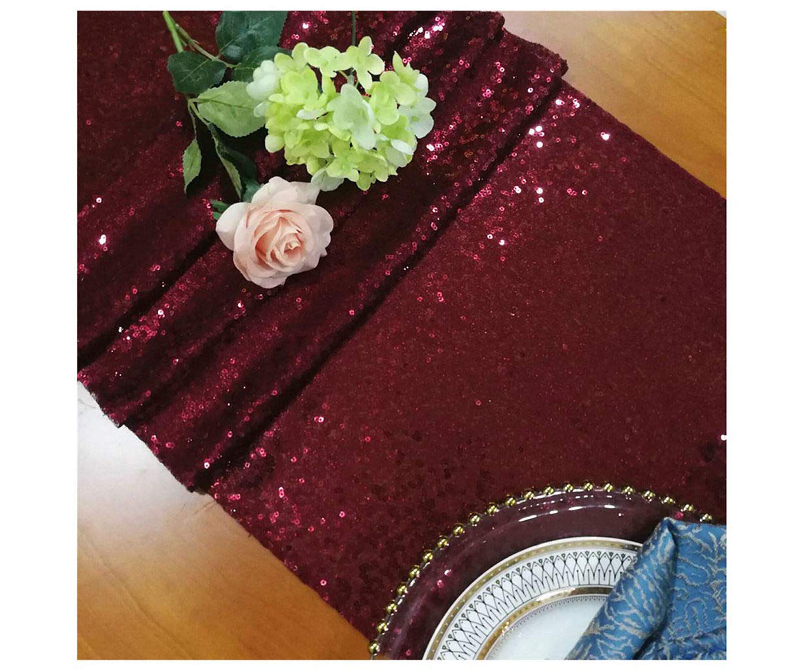 Shidianyi Burgundy 12X72-Inch Christmas Table Runner Sequin Table Runners Burgundy Party Table Decorations Pack Of 1 Wedding Tab